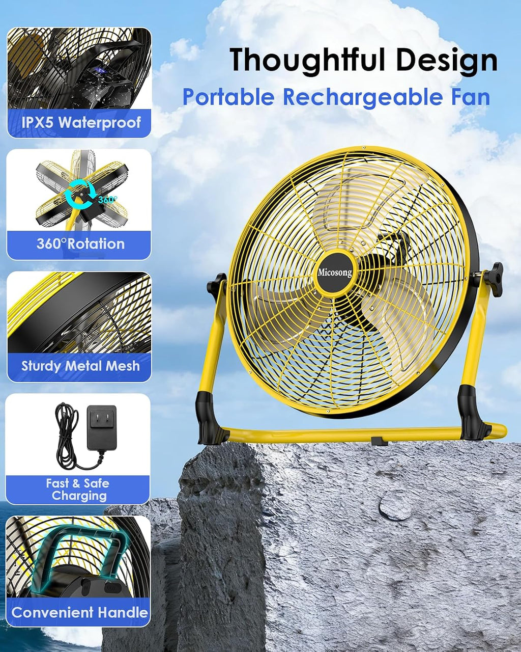 18'' Portable Solar Powered Floor Fan, Cordless Camping Fan Outdoor, Long Lasting Rechargeable Battery Operated Fan, 360° Tilt, USB Output, Wireless, for Home Gazebo Greenhouse Outside Gym