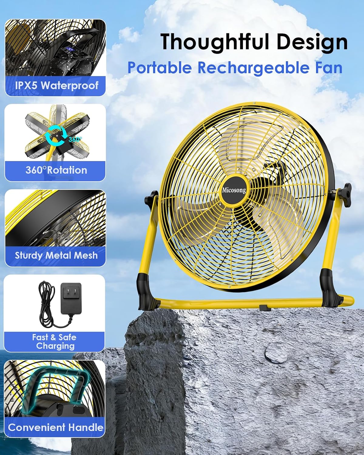18'' Portable Solar Powered Floor Fan, Cordless Camping Fan Outdoor, Long Lasting Rechargeable Battery Operated Fan, 360° Tilt, USB Output, Wireless, for Home Gazebo Greenhouse Outside Gym