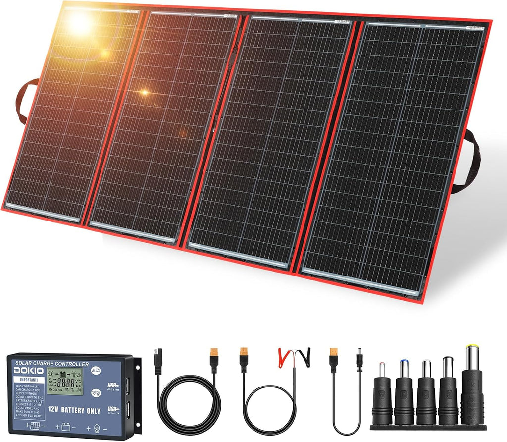 DOKIO 300W Foldable Solar Panel Kit for 12V Batteries & Power Stations, 15.2lb Monocrystalline Charger with PWM Controller, Dual USB, 9.85ft Cable, Folds to 19.3x37.4in for RV Camping