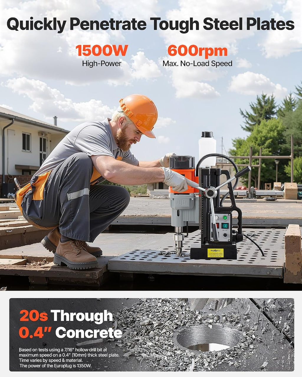 VEVOR Magnetic Drill Press, 1550 W, 2.4 in Boring Diameter, 2922 lbf Power Mag Drill Press, 0-600 RPM Adjustable Speed, Morse Taper, M3-M16 Tapping, for Metal Surface, Industrial and Home Improvement