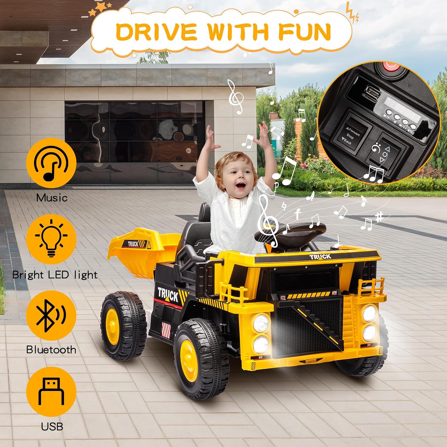 Ride on Dump Truck, 12v Ride on Construction Car for Kids with Remote Control,Electric Dump Bed and Extra Shovel, Construction Truck,Music Player, LED Lights for Toddlers-Yellow
