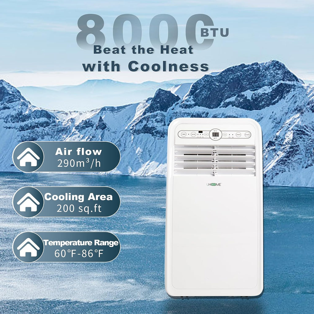 Uhome 8000 BTU Portable Air Conditioner, with Cooling, Dehumidifier, Fan, Remote Control and Window Mount Kit Included, White, 24H Timer