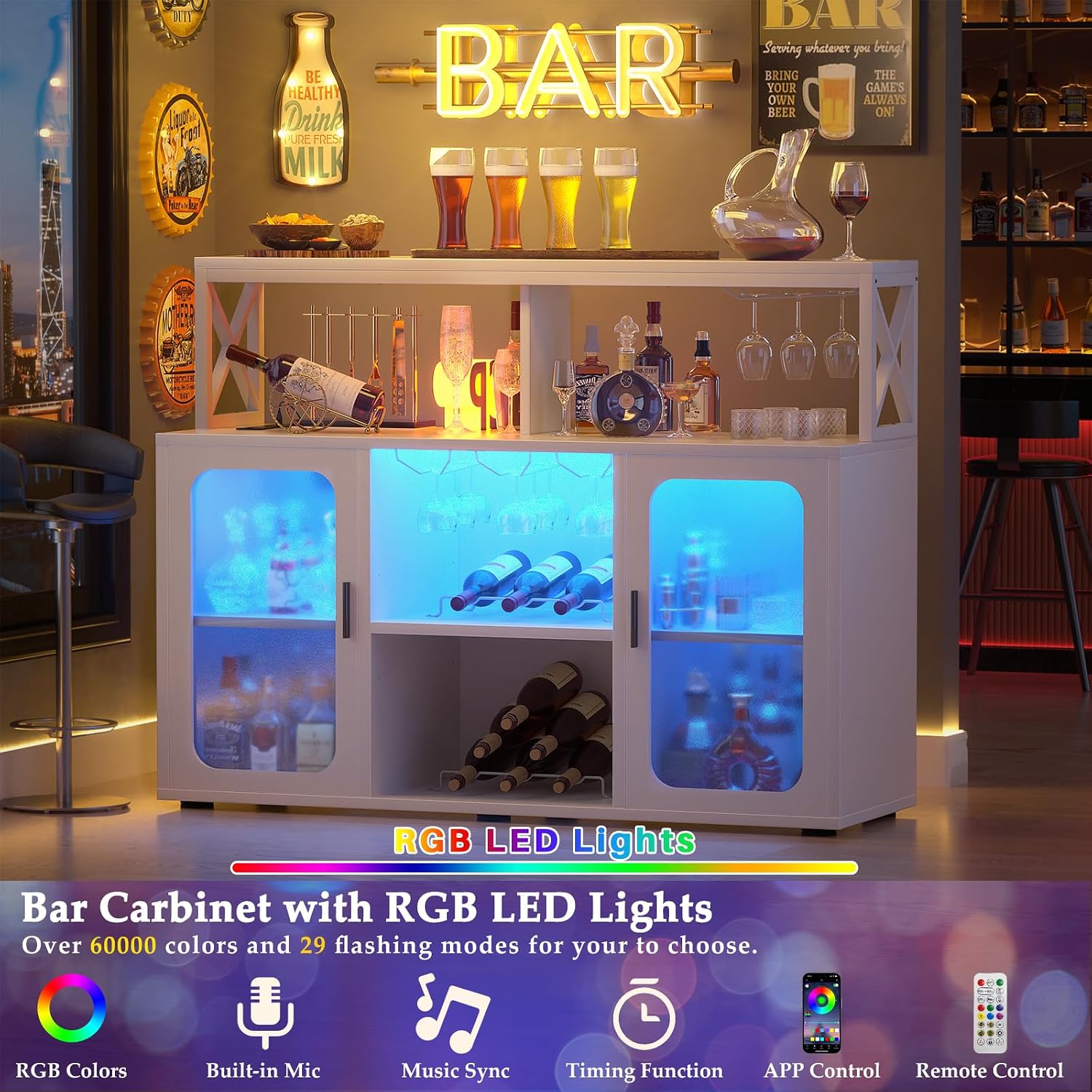 Aheaplus Bar Cabinet with Power Outlet, Liquor Cabinet with Led Lights and Glass Holders, Storage Buffet Cabinet Coffee Bar Cabinet for Liquor, Wine Cabinet with Racks for Home, Kitchen,-G2, White