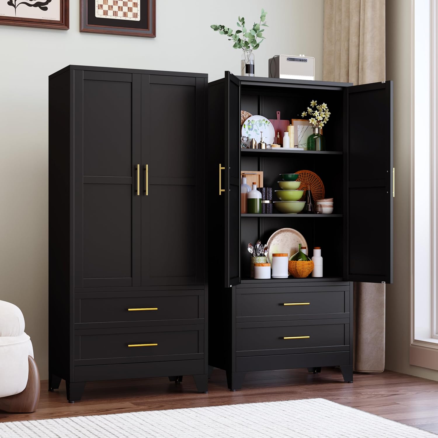 GAIOUS 71' Tall Metal Pantry Cabinet, Steel Storage Cabinets with 2 Drawers | 2 Adjustable Shelf and 2 Doors, Used as Kitchen cabinet, Freestanding Cupboard for Kitchen, Office, Living Room (Black)