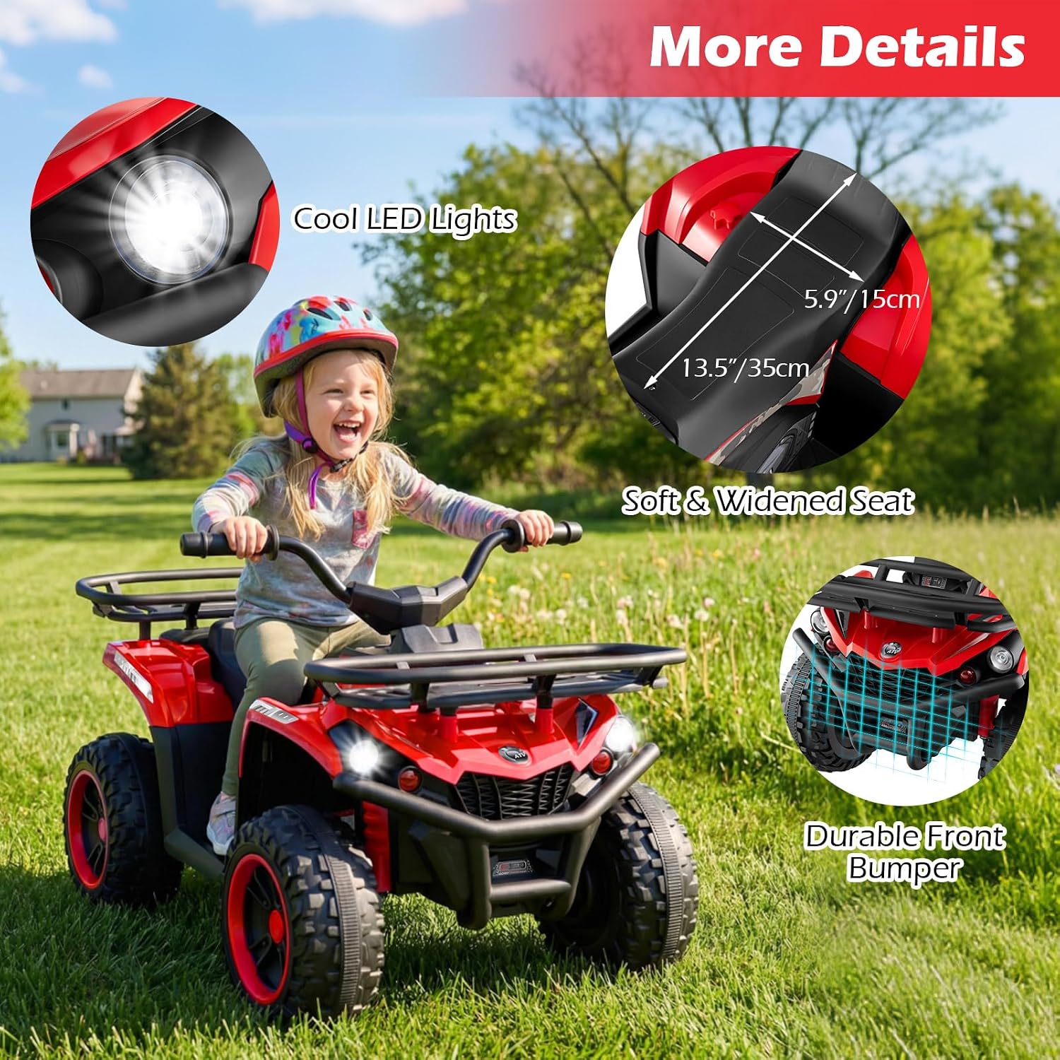 OLAKIDS 12V Kids ATV Quad with 2 Speeds, Spring Suspension, LED Lights, Music & Story Player, Big Tires, 2 Storage Spaces, Ride On Car for Boys Girls Ages 3+ (12V, Red)