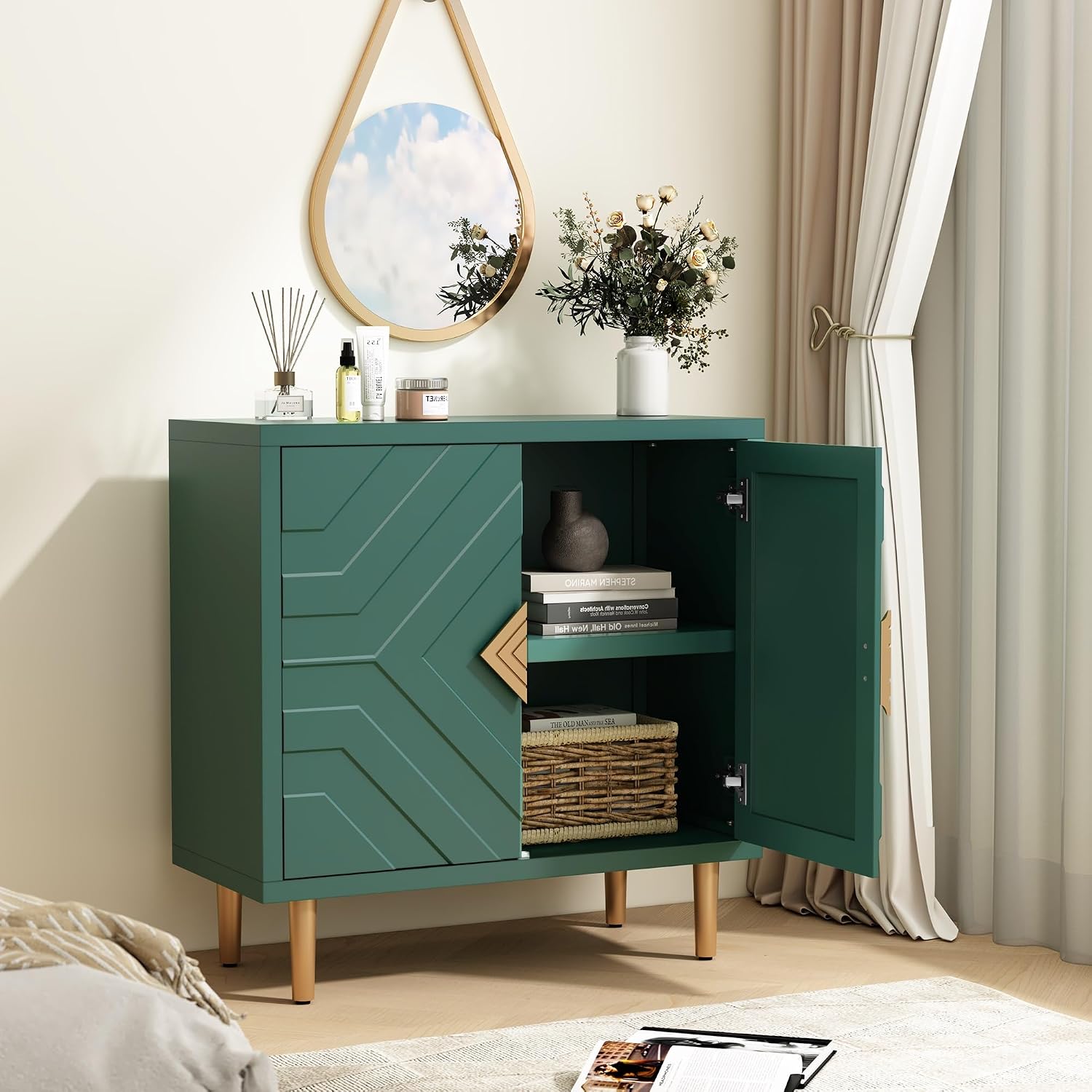 HLR Sideboard Storage Cabinet with 2 Doors, Accent Cabinet with Decorative Embossed Pattern Doors, Sideboard Buffet for Living Room, Kitchen, Dining Room, Hallway