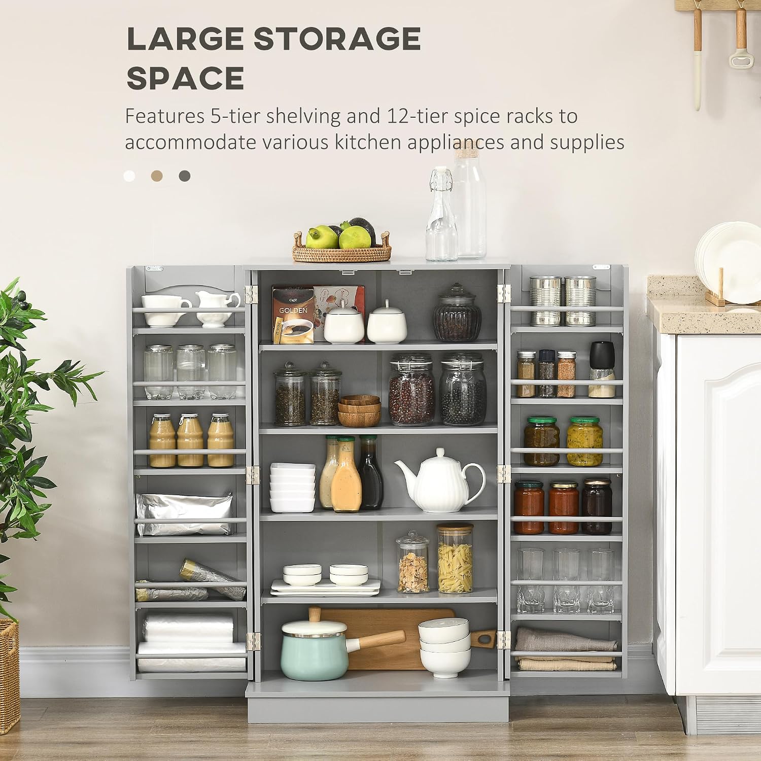 HOMCOM 41' Kitchen Pantry Storage Cabinet, Freestanding Kitchen Cabinet with 12 Door Shelves, Double Doors, 5-Tier Shelving and Adjustable Shelves, Gray