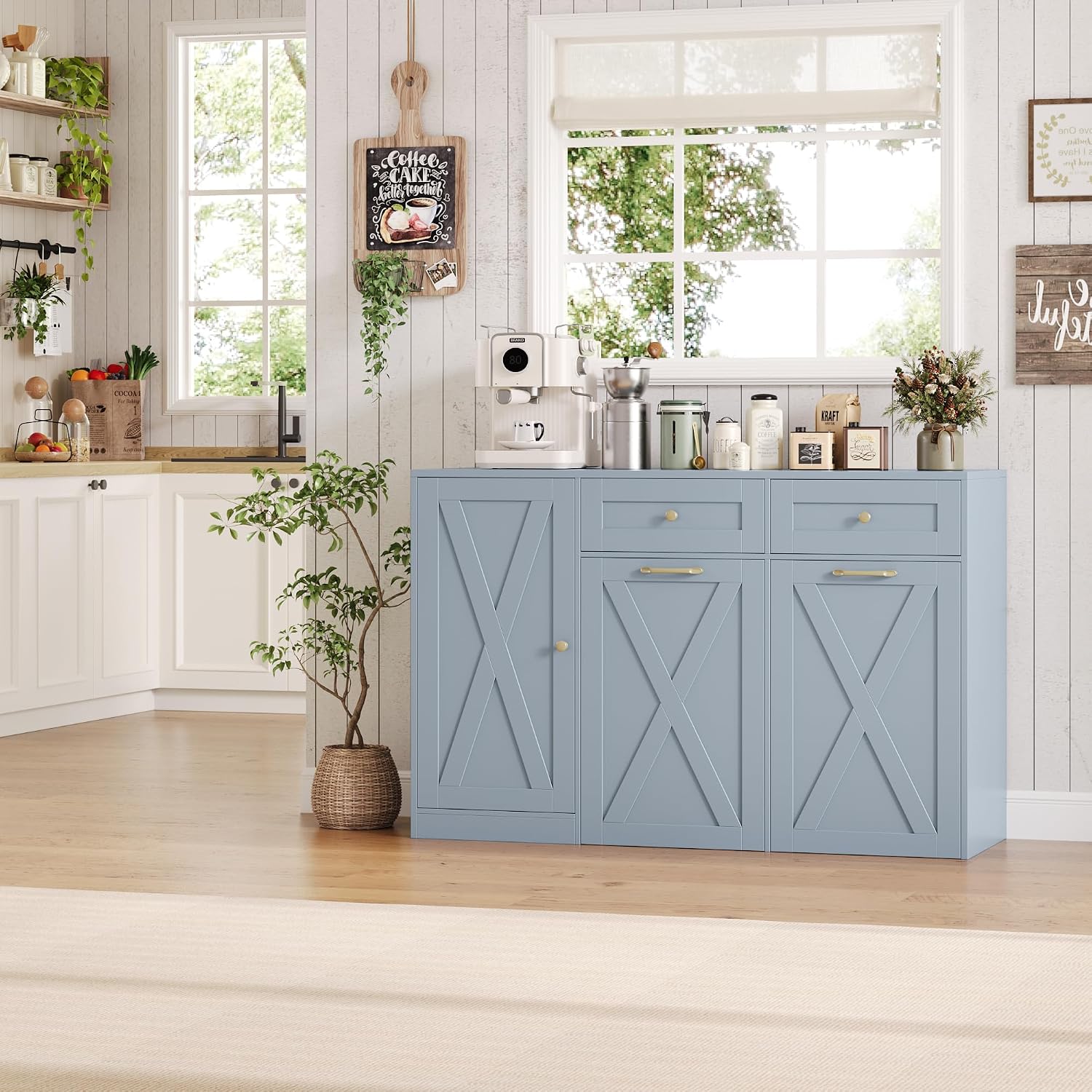 HOSTACK 12.5 Gallon Kitchen Trash Cabinet, 47' Double Trash Can Cabinet, Large Pull Out Can Storage Drawers, Wood Farmhouse Hidden Garbage Storage Buffet for Kitchen, Dining Room, Blue