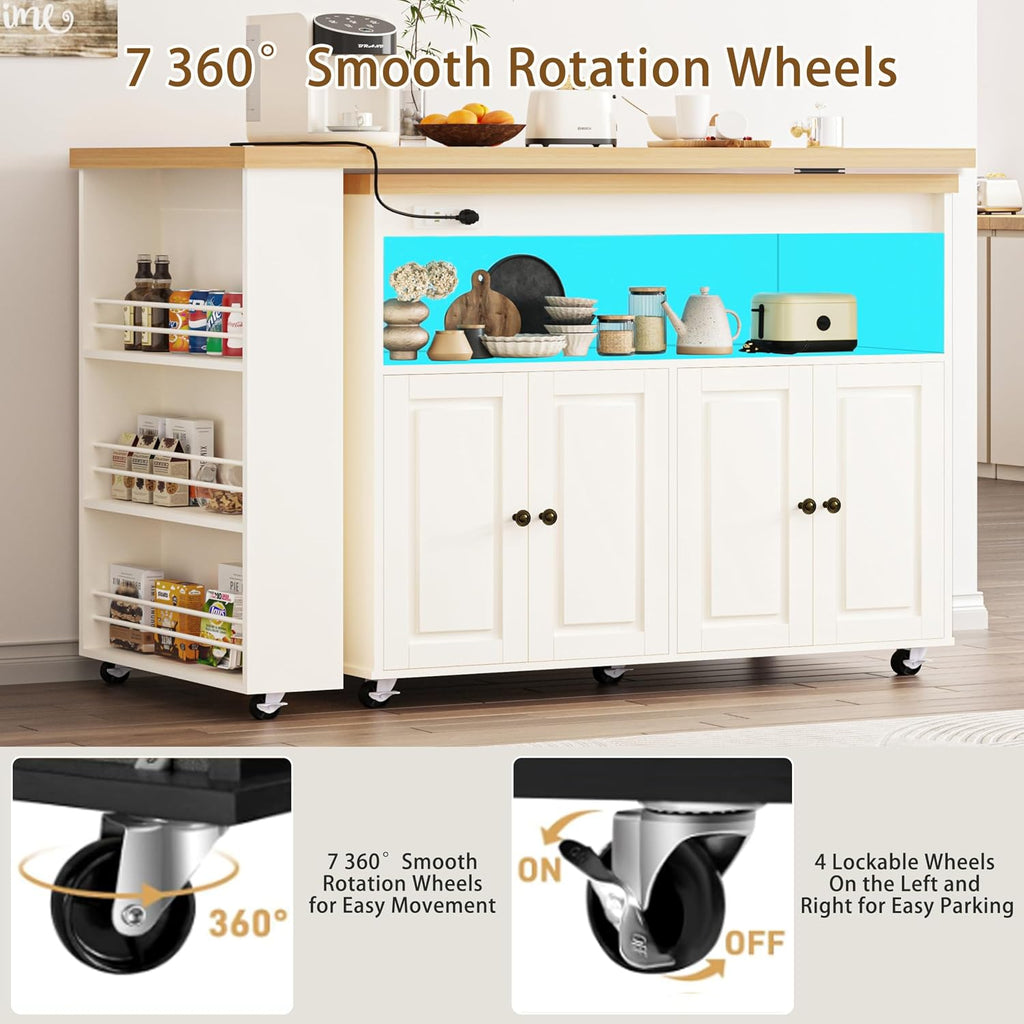 84'' Rolling Kitchen Island with Swivel Table, Kitchen Cart with LED Lights, Power Outlet, Movable Storage Cabinet with Side Tabletop on Wheels, for Kitchen, Living Room, Home Bar, White