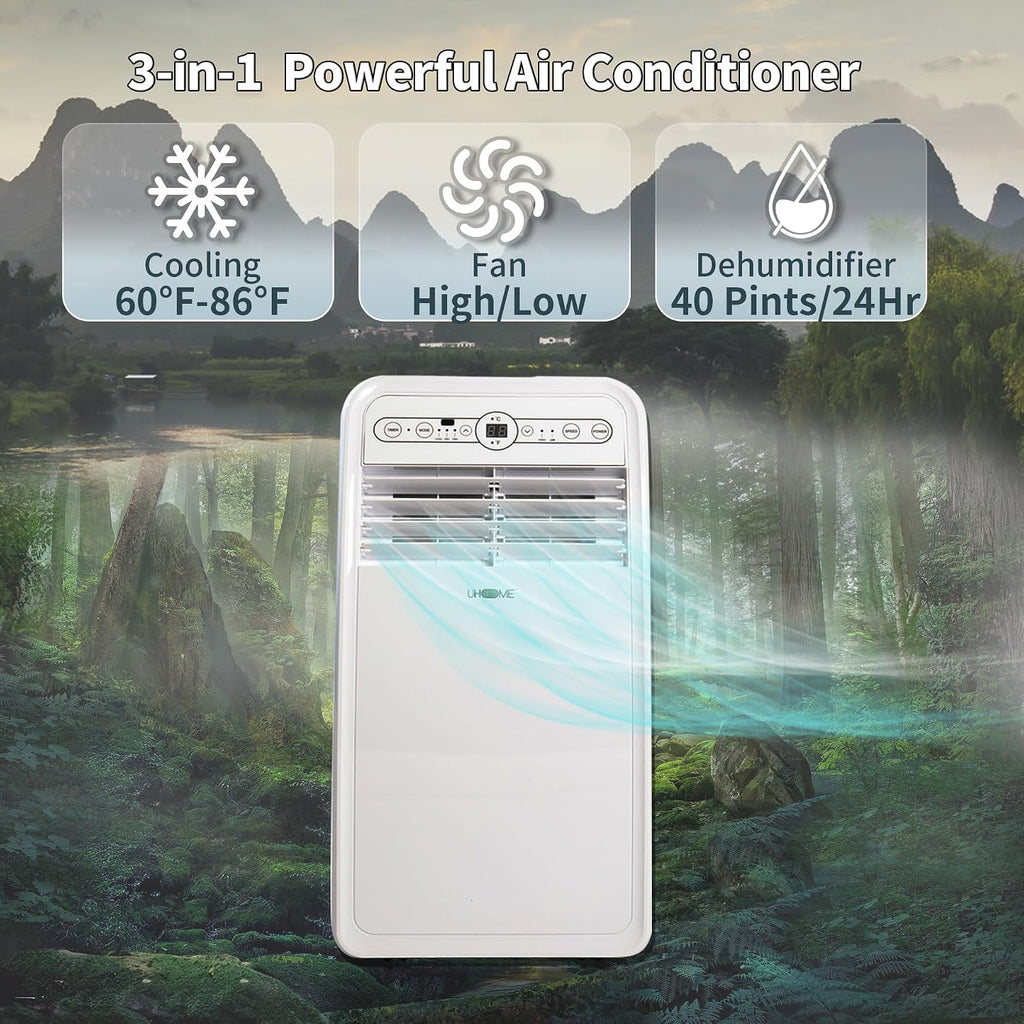 Uhome 8000 BTU Portable Air Conditioner, with Cooling, Dehumidifier, Fan, Remote Control and Window Mount Kit Included, White, 24H Timer