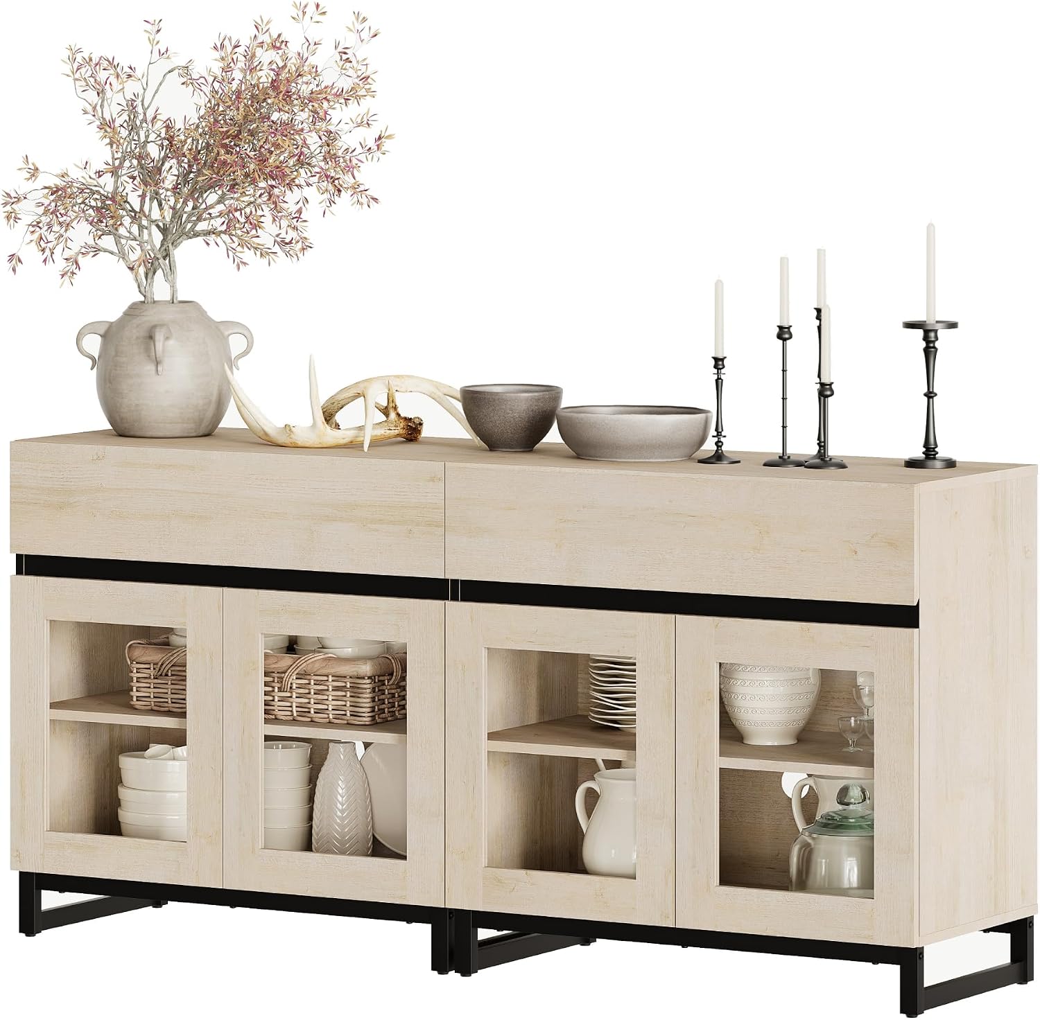 WAMPAT Sideboard Buffet Cabinets, Modern Credenza Sideboard with Adjustable Shelf and Metal Base, Coffee Bar Cabinet Accent Storage Cabinet for Living Room, Kitchen, Beige-B, 2 Pcs