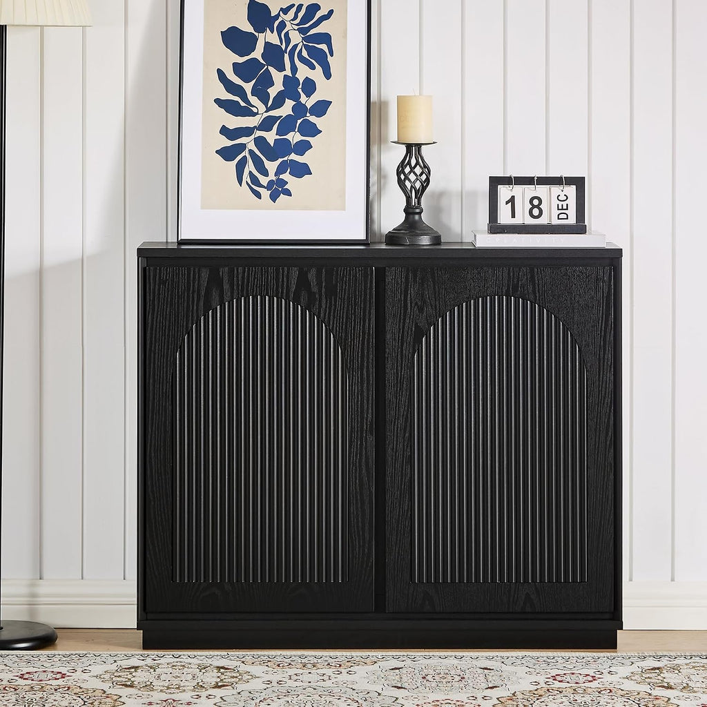 LKTART 39' Black Narrow Sideboard Buffet,Small Credenza Storage Cabinet | Black Sideboard Buffet Cabinet with Arched Solid Wood Doors;Slim Entryway Cabinet for Hallway;Mid Century Modern Thin Cabinet