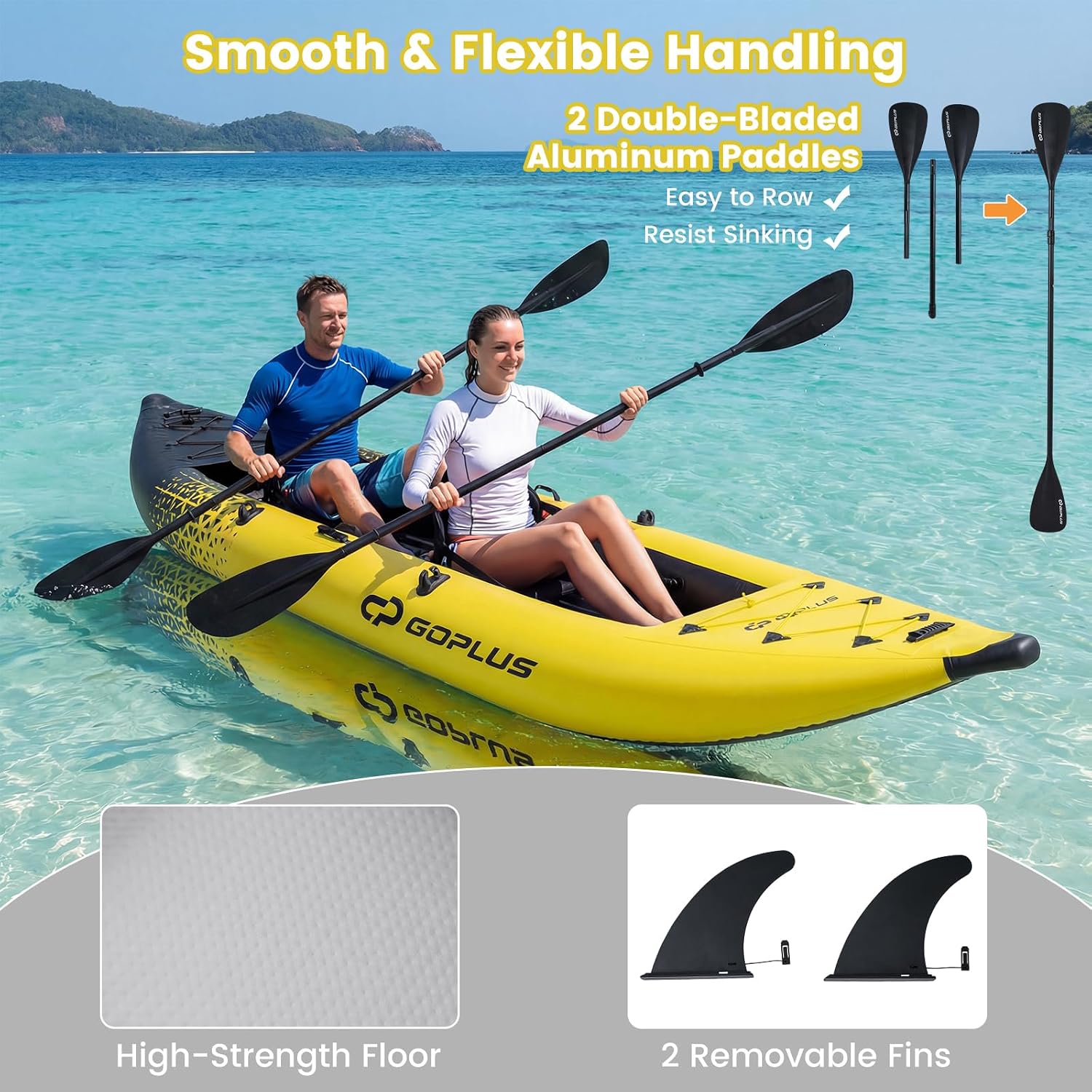 Goplus Tandem Inflatable Kayak, 12.5FT 2-Person Kayak for Adults w/507 LBS Weight Capacity, 2 Aluminium Oars, Padded Seat, 2 Fins, Hand Pump, Carry Bag, Repair Kit, Portable Touring Kayaks