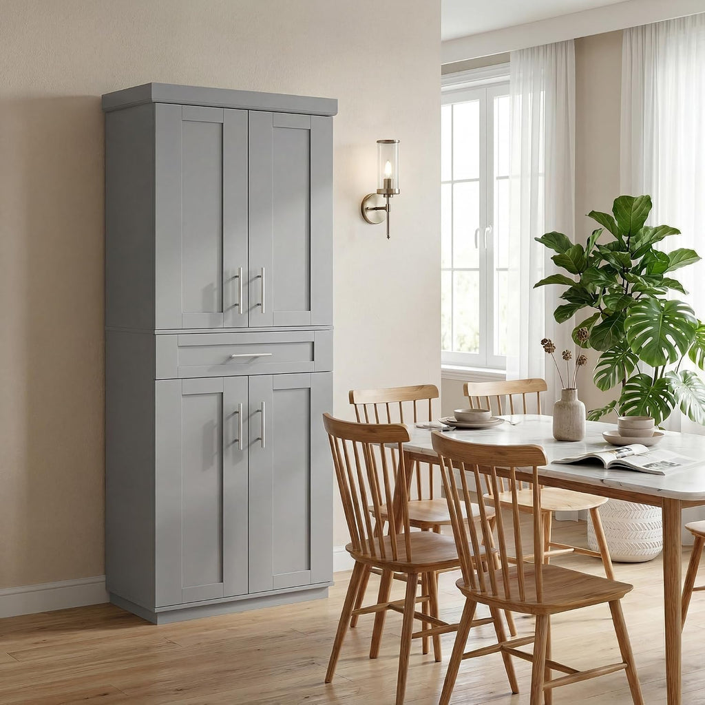 HOMCOM 72' Kitchen Pantry Cabinet, Freestanding Tall Storage Cabinet with 4 Doors, Drawer and 3 Adjustable Shelves for Dining Room, Gray