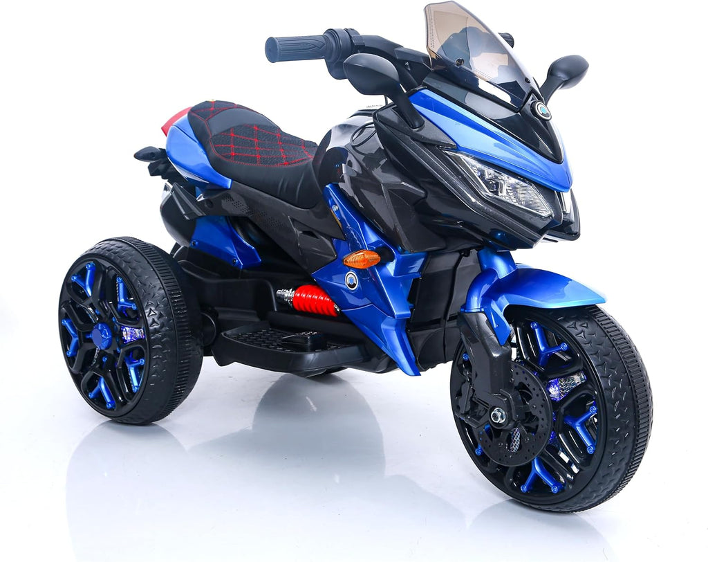 12V Kids Electric Motorcycle with Training Wheels | Plastic, PU seat, manual throttle, foot brake, USB, MP3, phone link, light-up wheels, ages 3-6, 45.3 W x 23.2 D x 28.7 H in