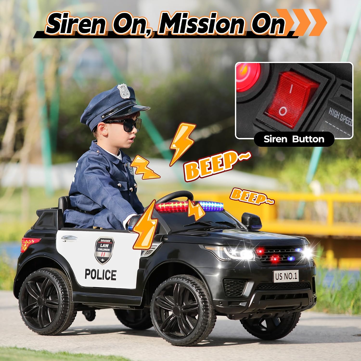 TOBBI Police Car Ride on Electric Car for Kids 1-8 to Drive Battery Powered 12V Ride-on Toys Cop Cars with Remote Control, Siren, Flashing Lights, Music, Spring Suspension, Carbon Black