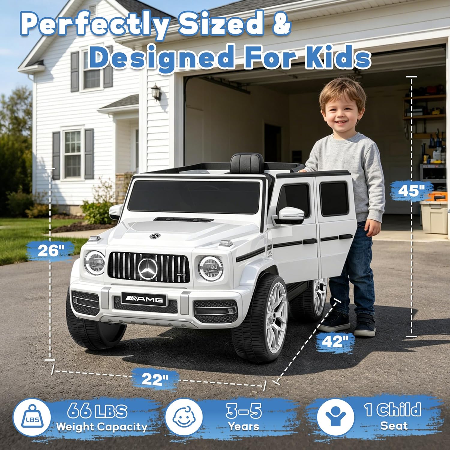 Licensed Mercedes Benz G63 Kids Electric Car, 12V G Wagon Ride on Car w/Safety High Window, Remote Control, 3 Speeds, Music Player, Horn & LED Lights for Toddlers (White)