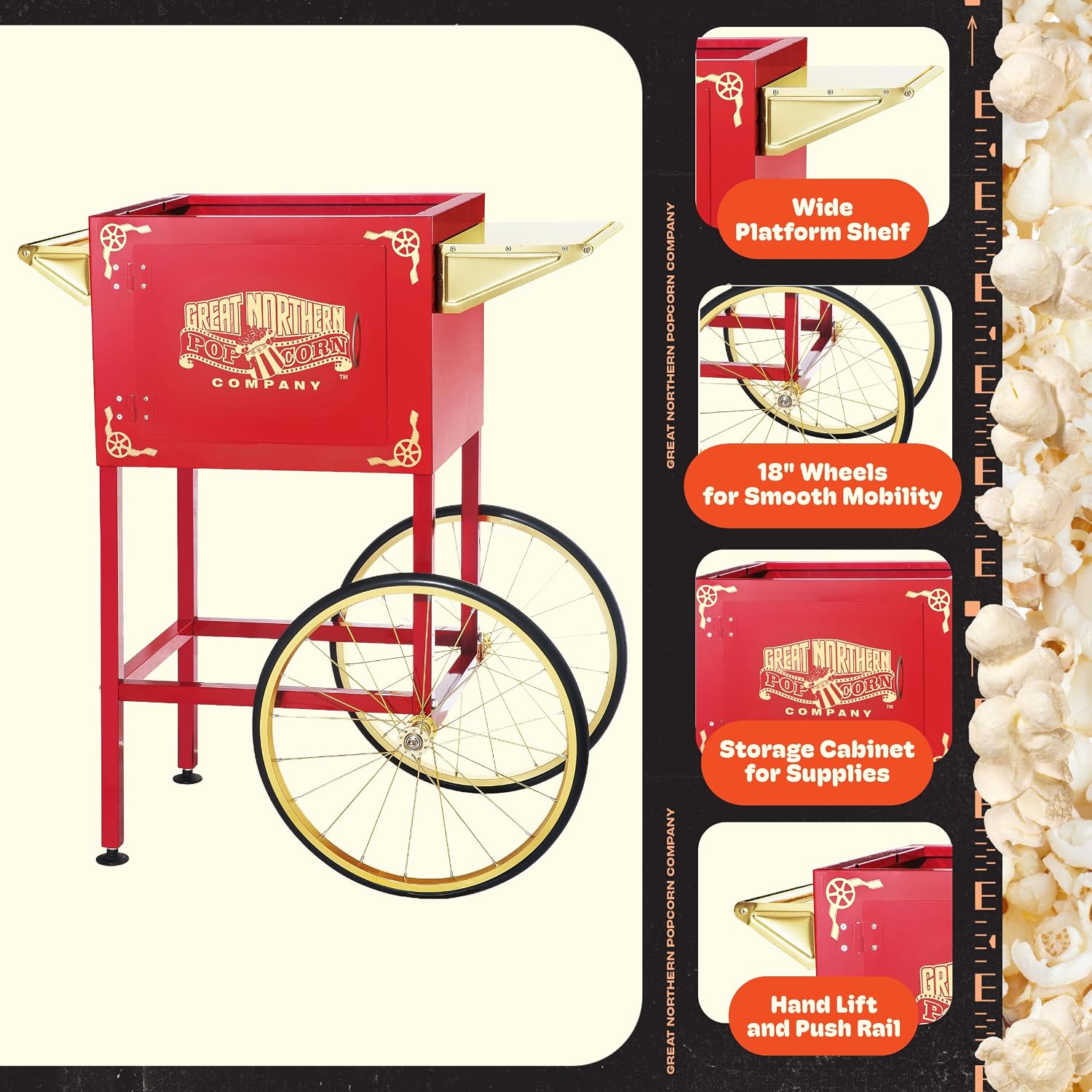 Popcorn Cart - Vintage Replacement Stand for 8-Ounce Poppers with Shelf, Push Handle, and Bicycle-Style Wheels by Great Northern Popcorn (Red)