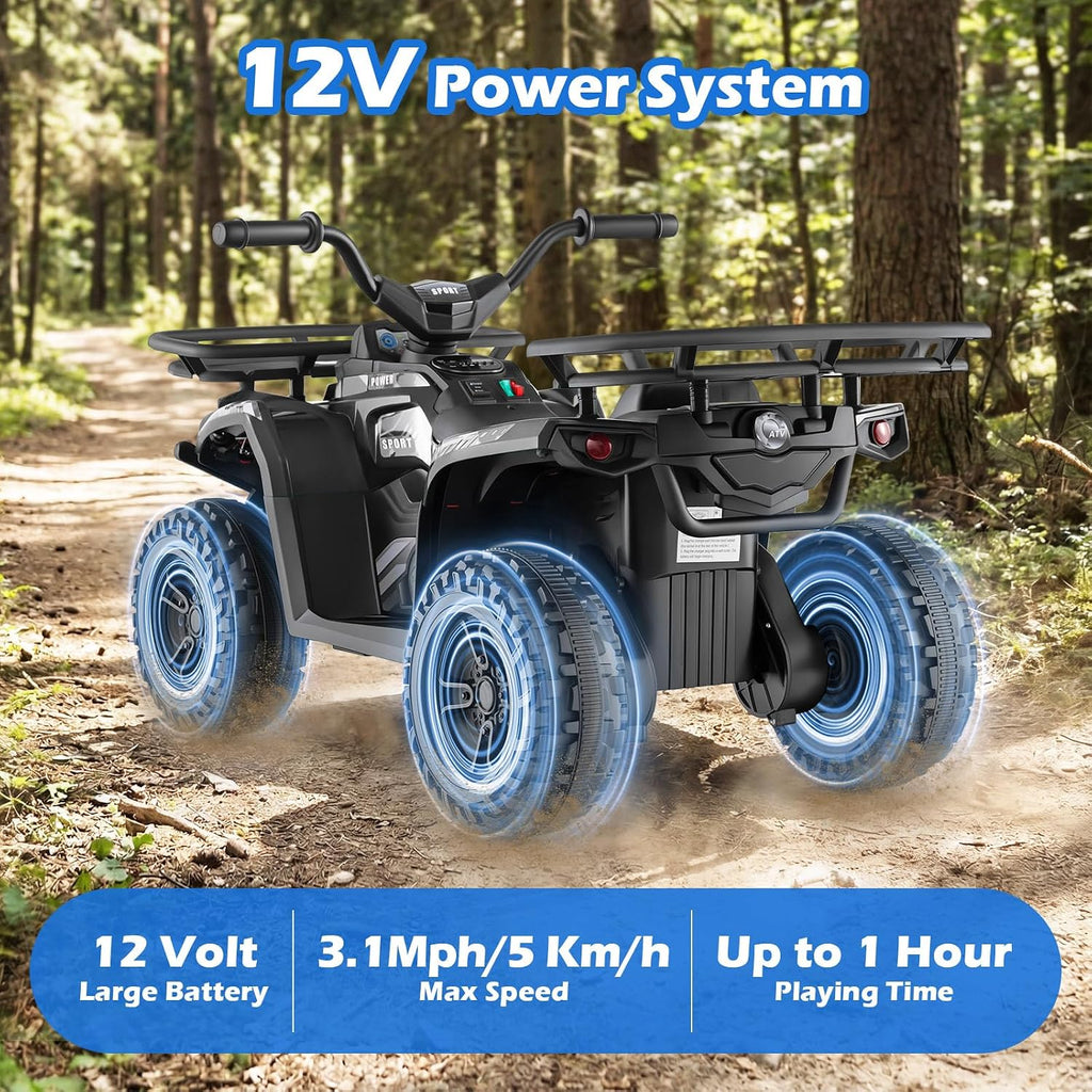 OLAKIDS 12V Kids ATV Quad with 2 Speeds, Spring Suspension, LED Lights, Music & Story Player, Big Tires, 2 Storage Spaces, Ride On Car for Boys Girls Ages 3+ (12V, Black)