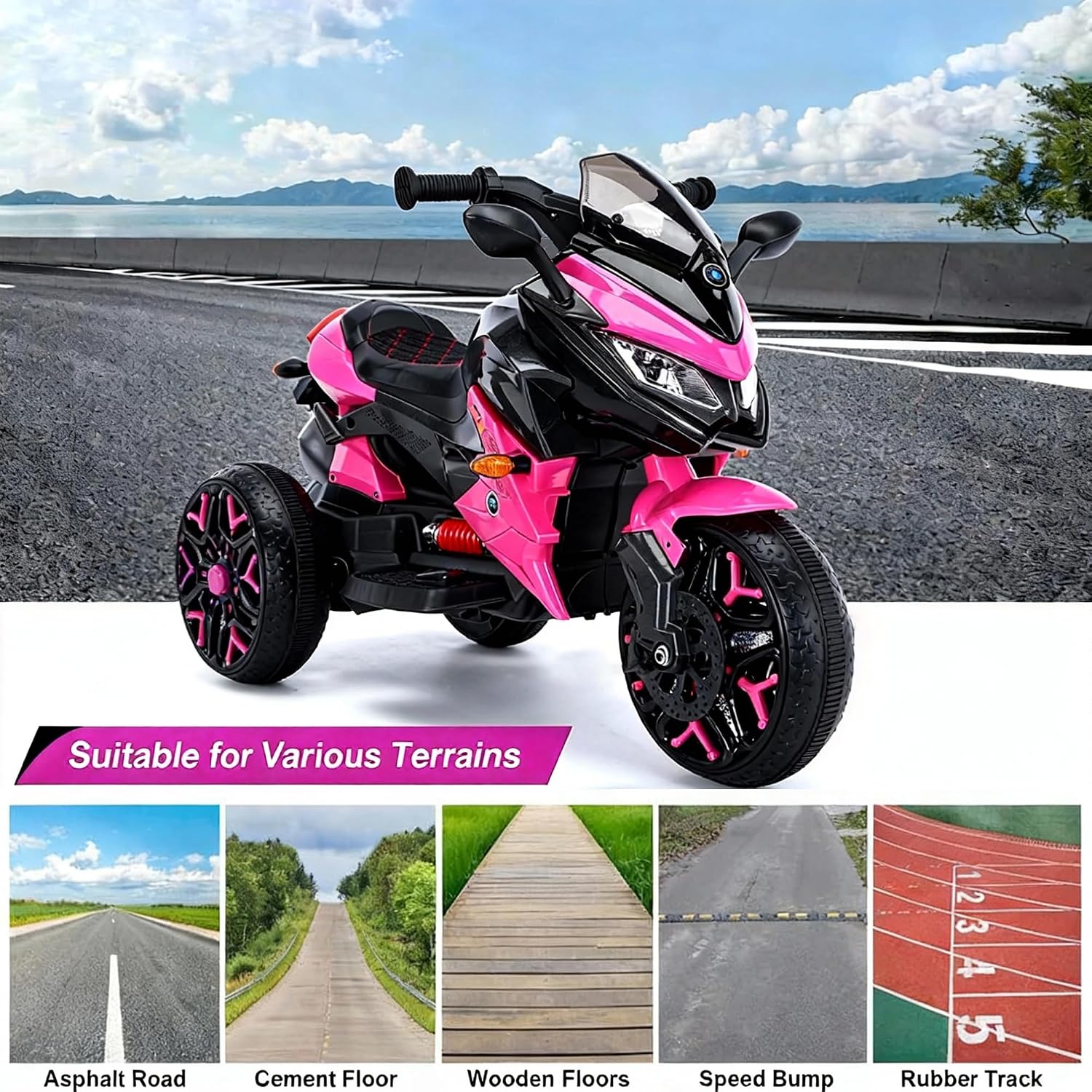 12V Kids Electric Motorcycle with Training Wheels | Plastic, PU seat, manual throttle, foot brake, USB, MP3, phone link, light-up wheels, ages 3-6, 45.3 W x 23.2 D x 28.7 H in