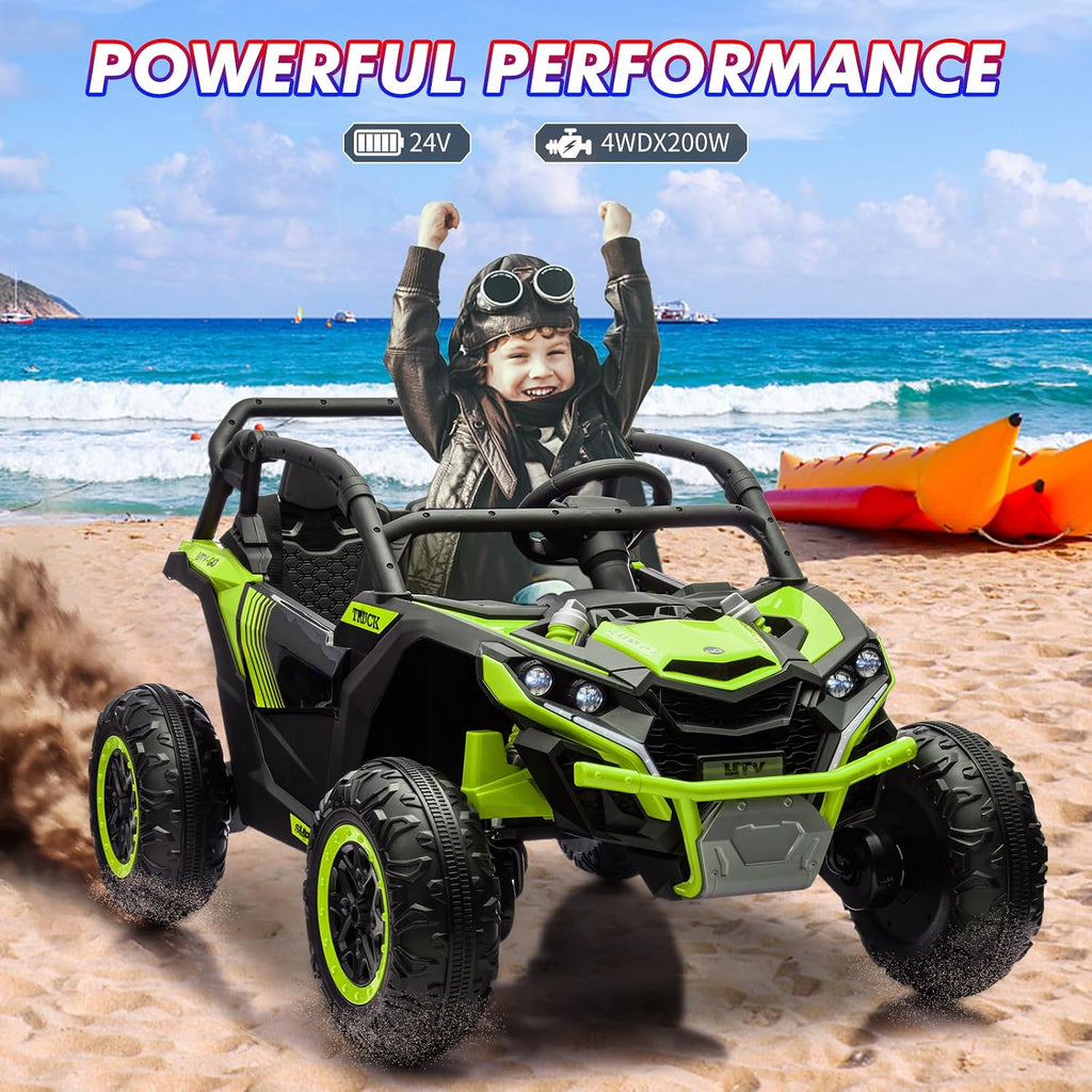 GarveeLife 24V Ride On Utv for Kids, 2 Seater 4WD Electric Truck with Remote Control, High and Low Speed Adjustment, Led Lights,4-Wheel Shock Absorption, One Click Start, Music Player (Green)