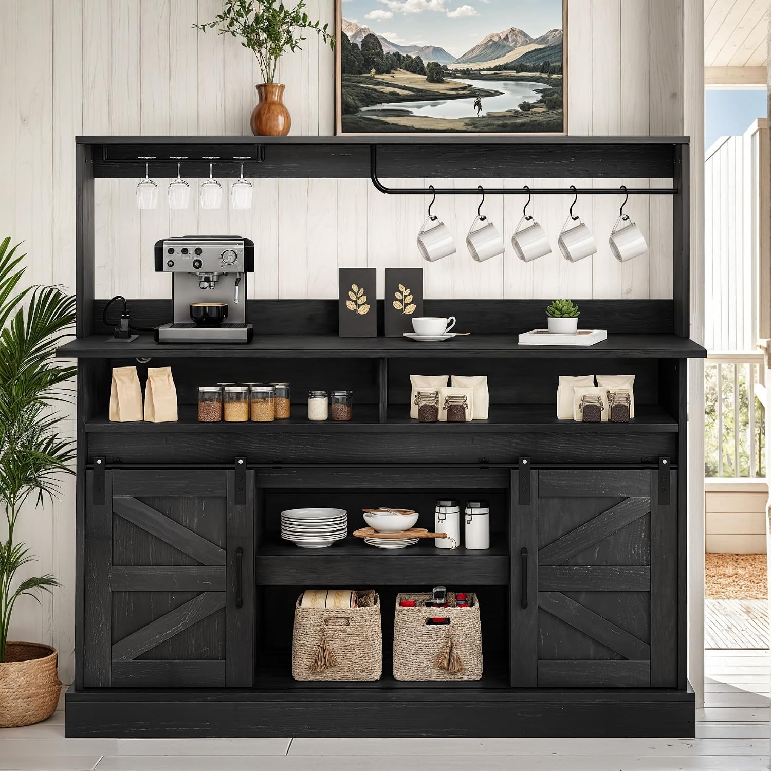 YITAHOME 52' Farmhouse Coffee Bar Cabinet with Storage, Buffet Cabinet with Goblet Holder, 5 Hooks, Power Outlets, Sideboard Cabinet with Sliding Barn Doors for Kitchen & Living Room (Black Oak)