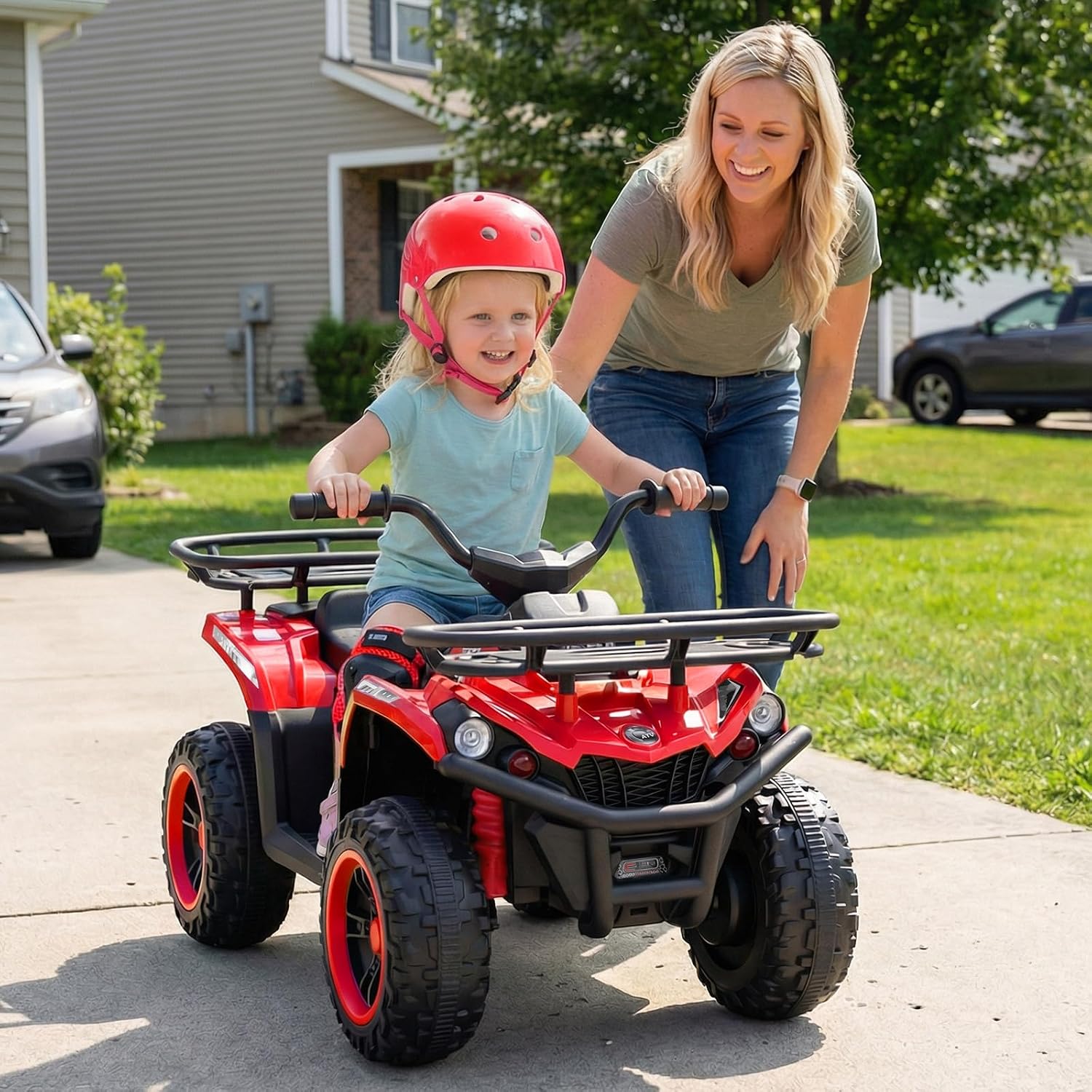 OLAKIDS 12V Kids ATV Quad with 2 Speeds, Spring Suspension, LED Lights, Music & Story Player, Big Tires, 2 Storage Spaces, Ride On Car for Boys Girls Ages 3+ (12V, Red)