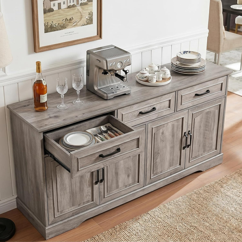 66' Large Sideboard Buffet Cabinet with Storage, Farmhouse Buffet Table Coffee Bar Wine Bar Kitchen Storage Cabinet with Drawers, Weathered Ash