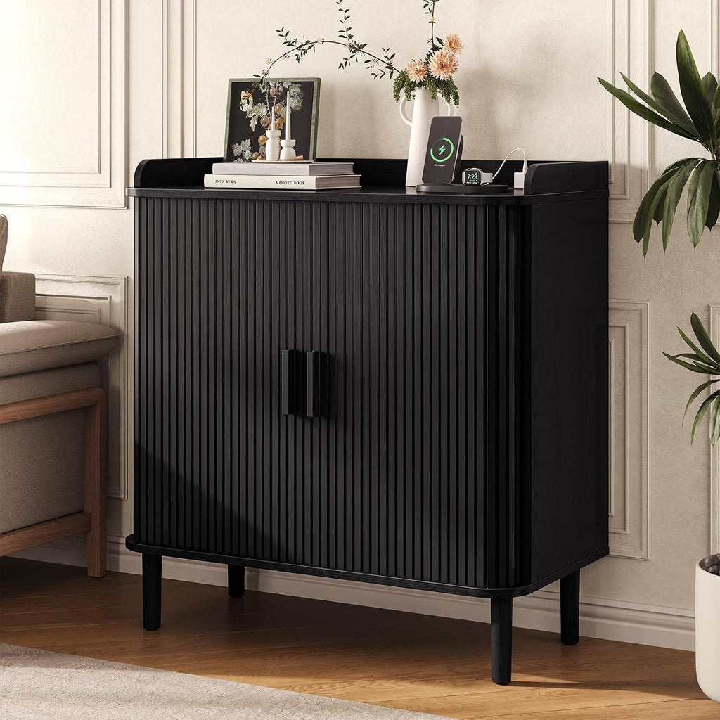 ONBRILL Fluted Bar Cabinet, Mid Century Modern Coffee Bar Cabinet, Wine Cabinet with Storage, Liquor Cabinet with Charging Station and Wine Racks Glass Holder for Home Living Room Kitchen Black