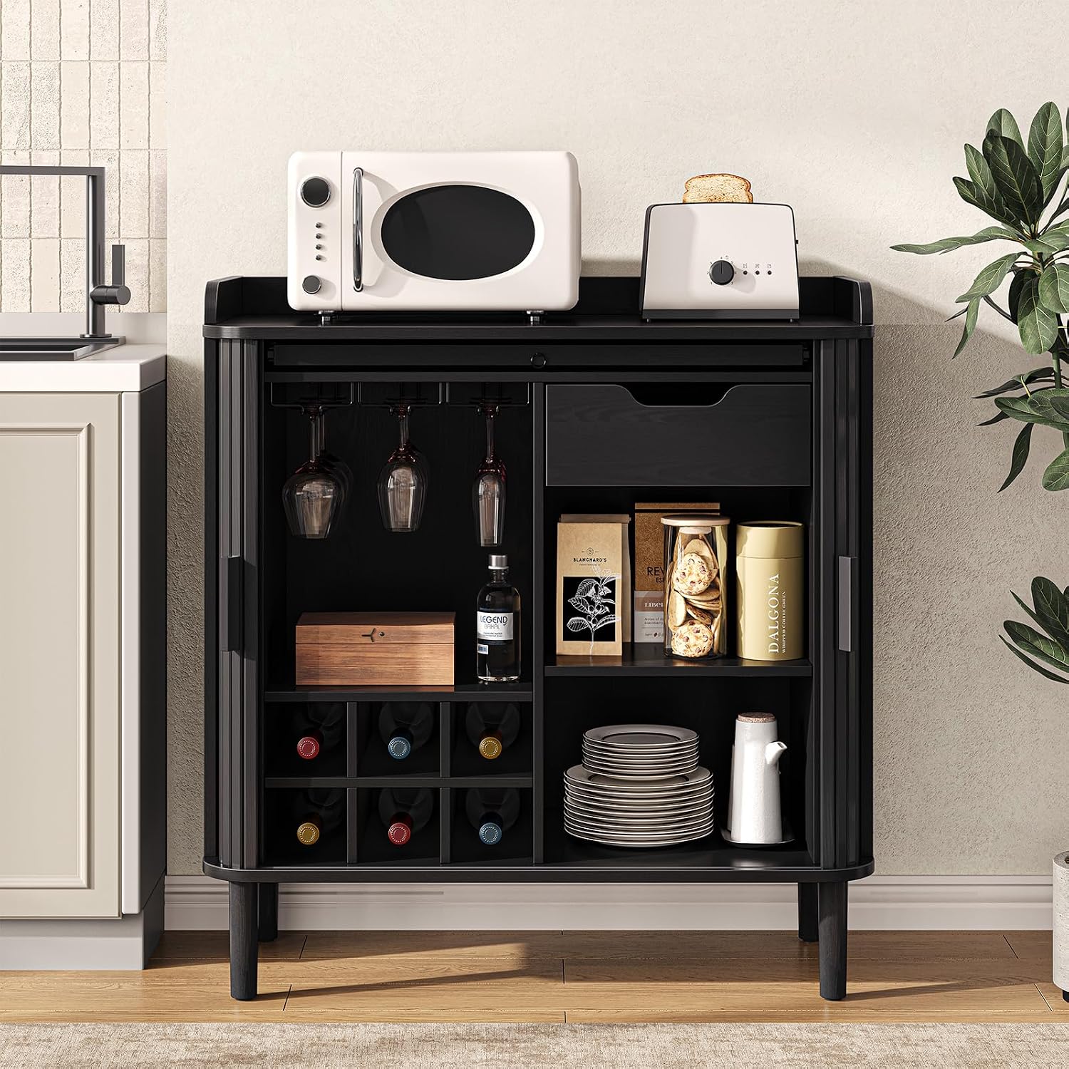 ONBRILL Fluted Bar Cabinet, Mid Century Modern Coffee Bar Cabinet, Wine Cabinet with Storage, Liquor Cabinet with Charging Station and Wine Racks Glass Holder for Home Living Room Kitchen Black