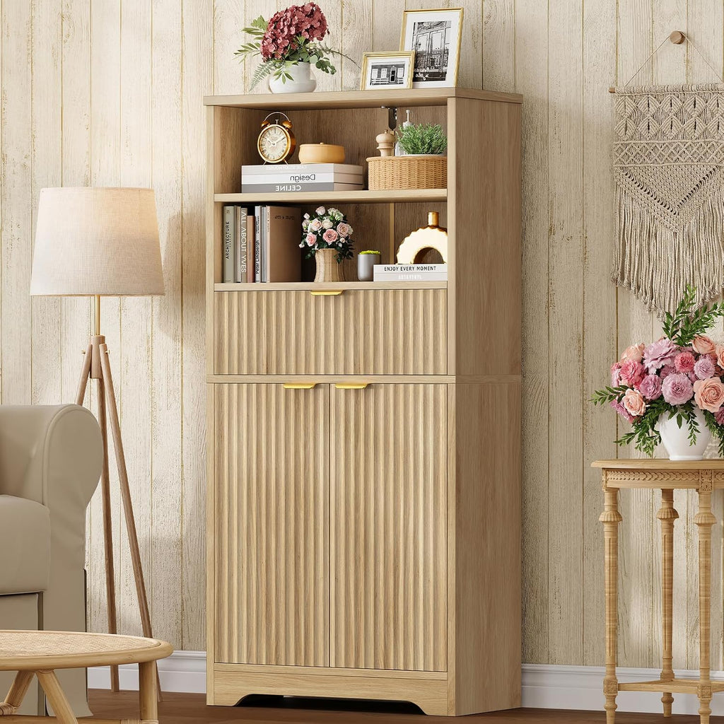 TEENFON Tall Storage Cabinet with Adjustable Shelf & Drawer, Fluted Cabinet with Doors, Kitchen Pantry Cabinets, Bathroom Storage Cabinets, for Living Room, Entryway, Home Office, Natural
