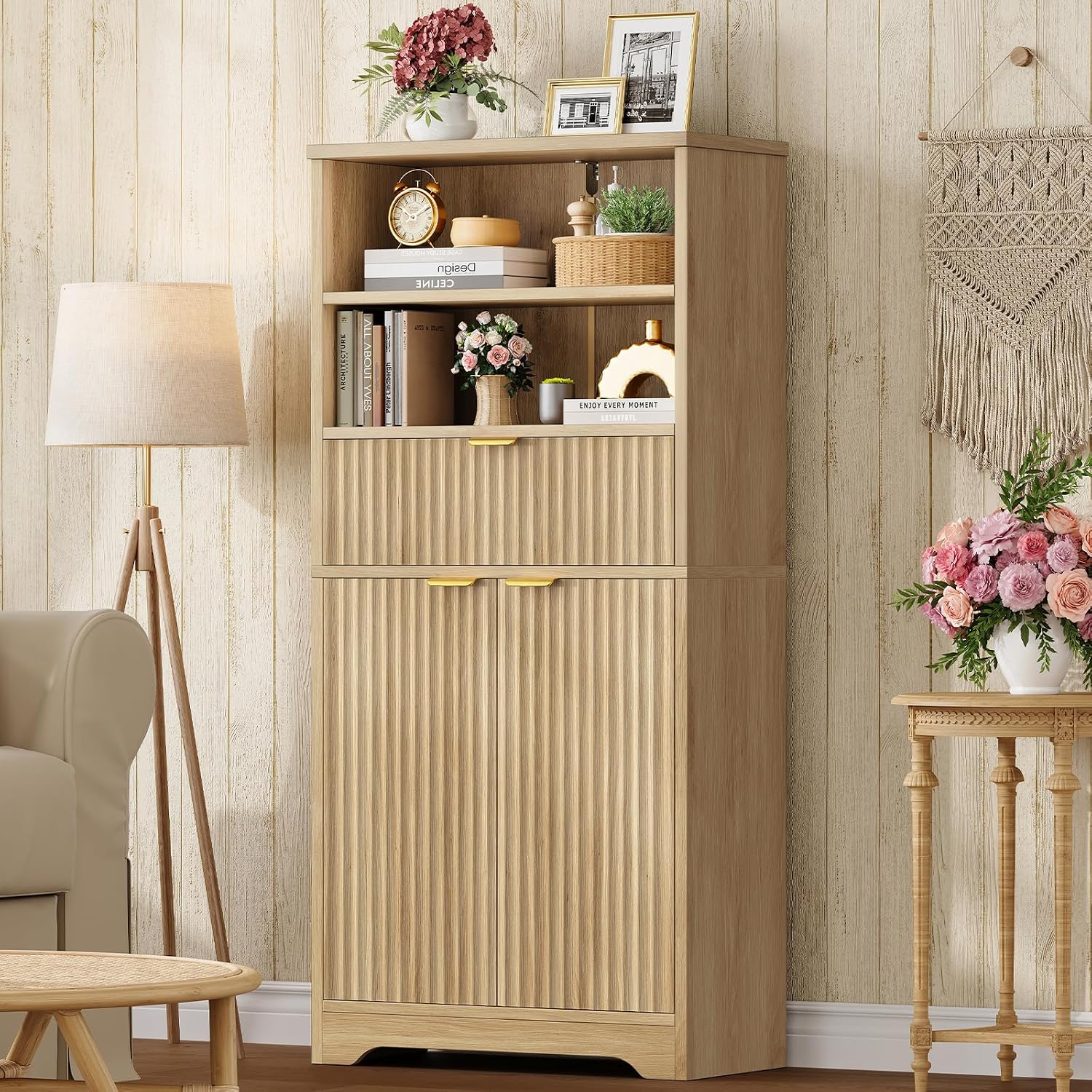 TEENFON Tall Storage Cabinet with Adjustable Shelf & Drawer, Fluted Cabinet with Doors, Kitchen Pantry Cabinets, Bathroom Storage Cabinets, for Living Room, Entryway, Home Office, Natural
