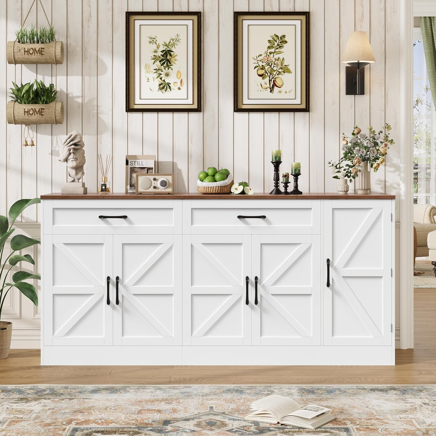 BOTLOG 71' Large Sideboard Buffet Cabinet with Storage, Farmhouse Buffet Cabinet with Adjustable Shelves and 3 Door Shelves, Wood Coffee Bar Console Table for Kitchen, Dining Room (White)