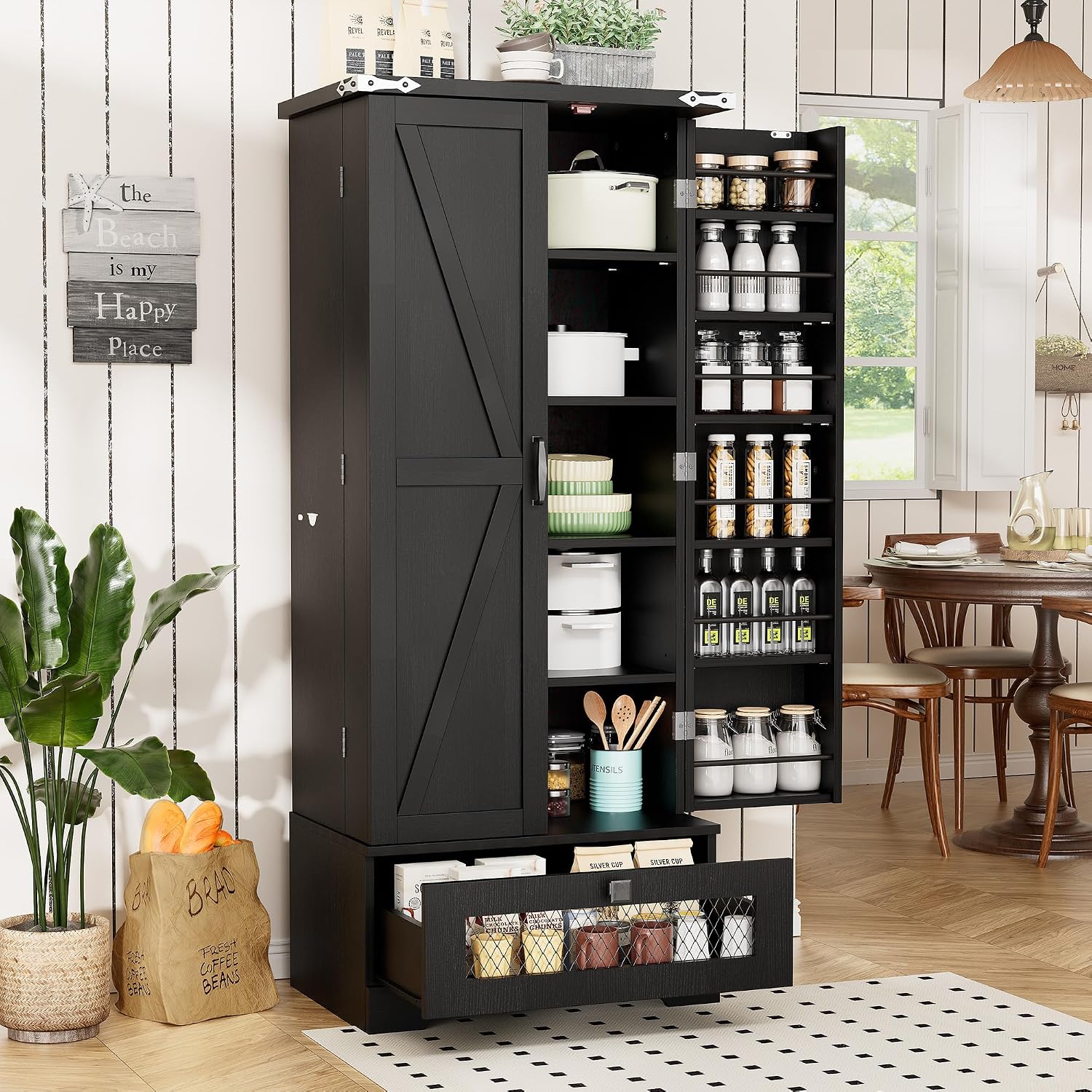 kepptory Kitchen Pantry Cabinet, Pantry Storage Cabinet with Adjustable Shelves and Drawer, Kitchen Buffet Cupboards Storage Shelf for Home Office Use (Black, 16' D x 24' W x 55' H)