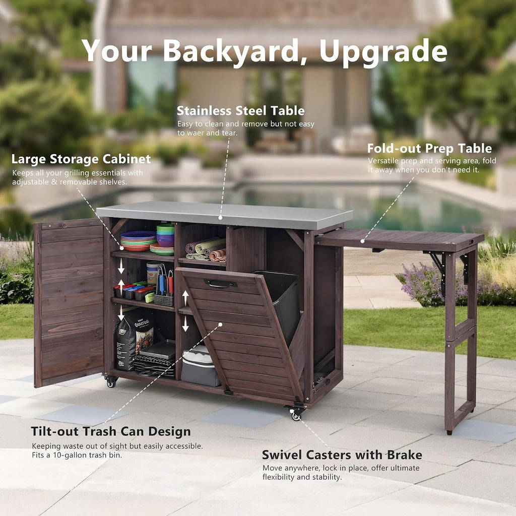 LUMISOL Outdoor Kitchen Island with Foldable Grill Table, Movable Prep Table with Stainless Steel Top, Rolling Kitchen Cart with Trash Can Storage, Outdoor Grill Cart for Parties, Dark Brown