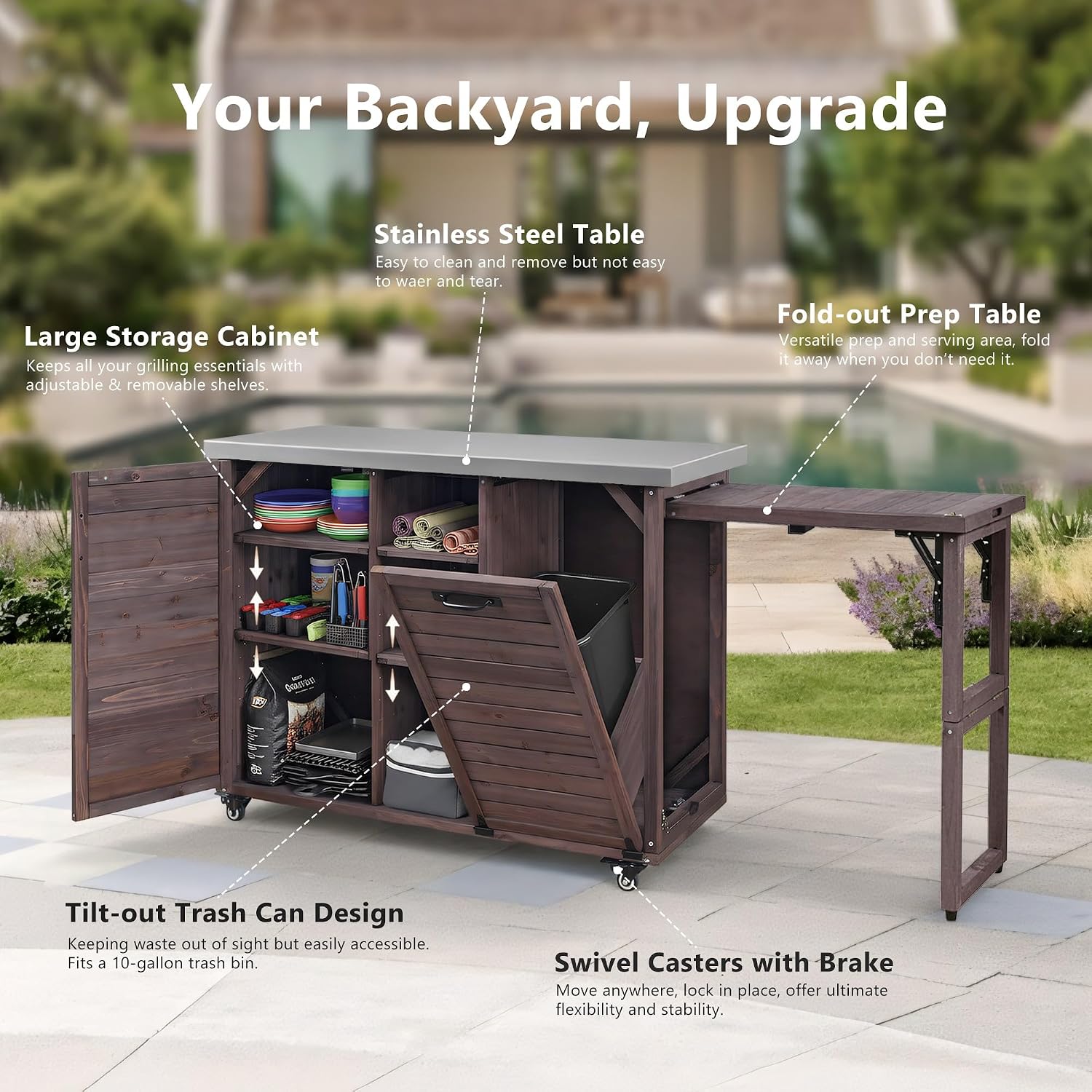 LUMISOL Outdoor Kitchen Island with Foldable Grill Table, Movable Prep Table with Stainless Steel Top, Rolling Kitchen Cart with Trash Can Storage, Outdoor Grill Cart for Parties, Dark Brown