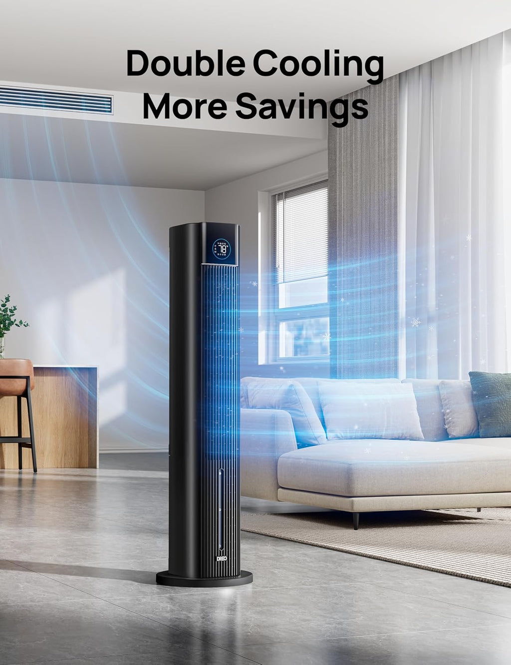 DREO Evaporative Air Swamp Cooler, 43' Cooling Fans that Blow Cold Air 2025 Upgraded, 85° Oscillating Floor Fan for Bedroom, Easy Cleaning, APP Control, Ice Packs, 4 Speeds & 4 Modes, 12H Timer, Black