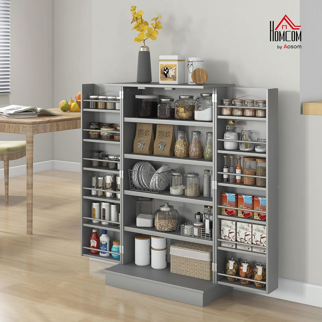 HOMCOM 41' Kitchen Pantry Storage Cabinet, Freestanding Kitchen Cabinet with 12 Door Shelves, Double Doors, 5-Tier Shelving and Adjustable Shelves, Gray