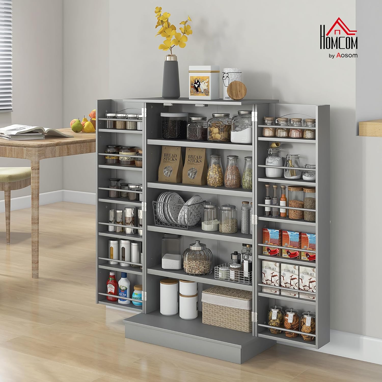 HOMCOM 41' Kitchen Pantry Storage Cabinet, Freestanding Kitchen Cabinet with 12 Door Shelves, Double Doors, 5-Tier Shelving and Adjustable Shelves, Gray