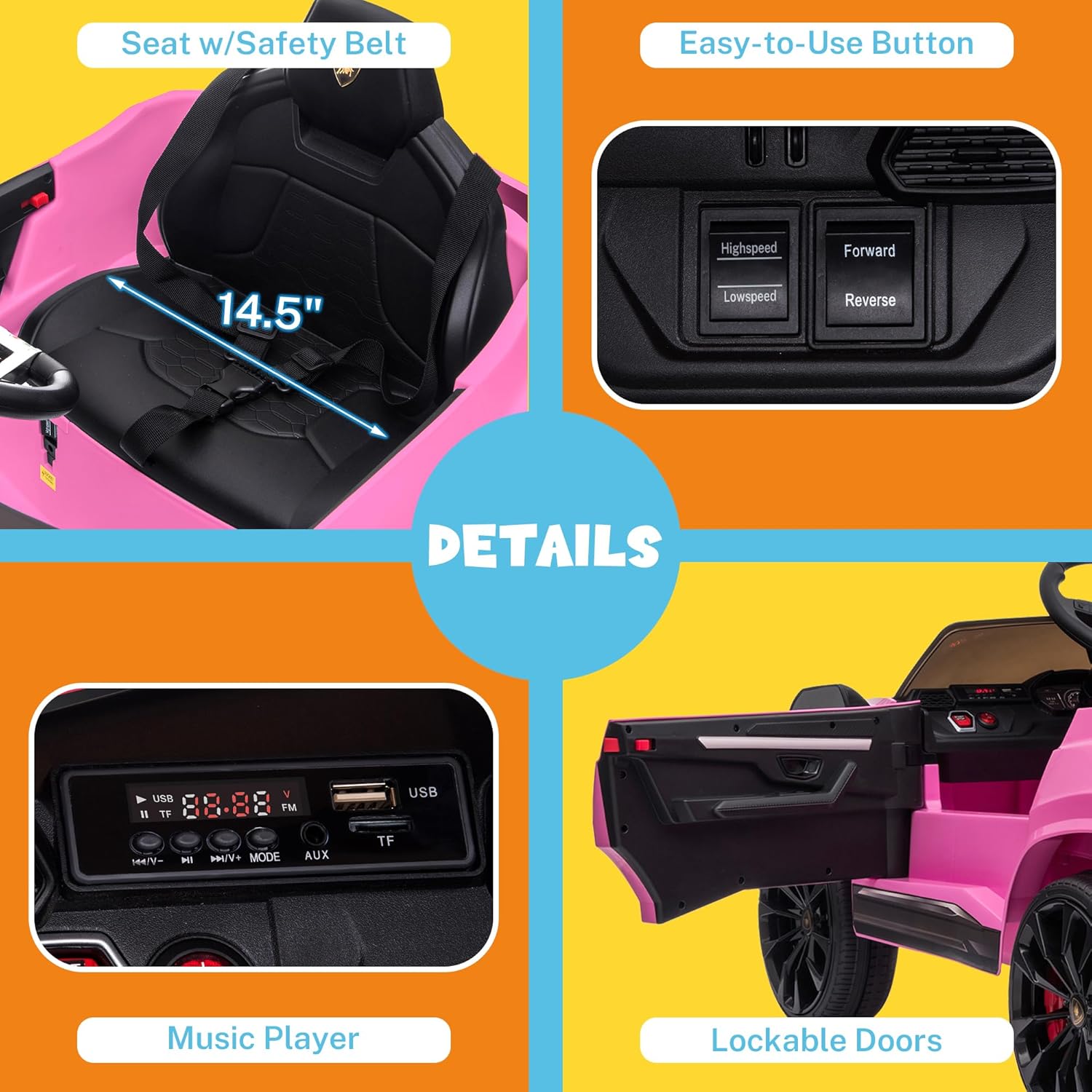 ENYOPRO 12V Licensed Lamborghini Urus Ride On Car, Electric SUV Car Power Wheel Toy w/Parent Remote Control, Music Player, FM Radio, LED Headlights, Soft Start, 2.5MPH Max Speed for Kids (Pink)