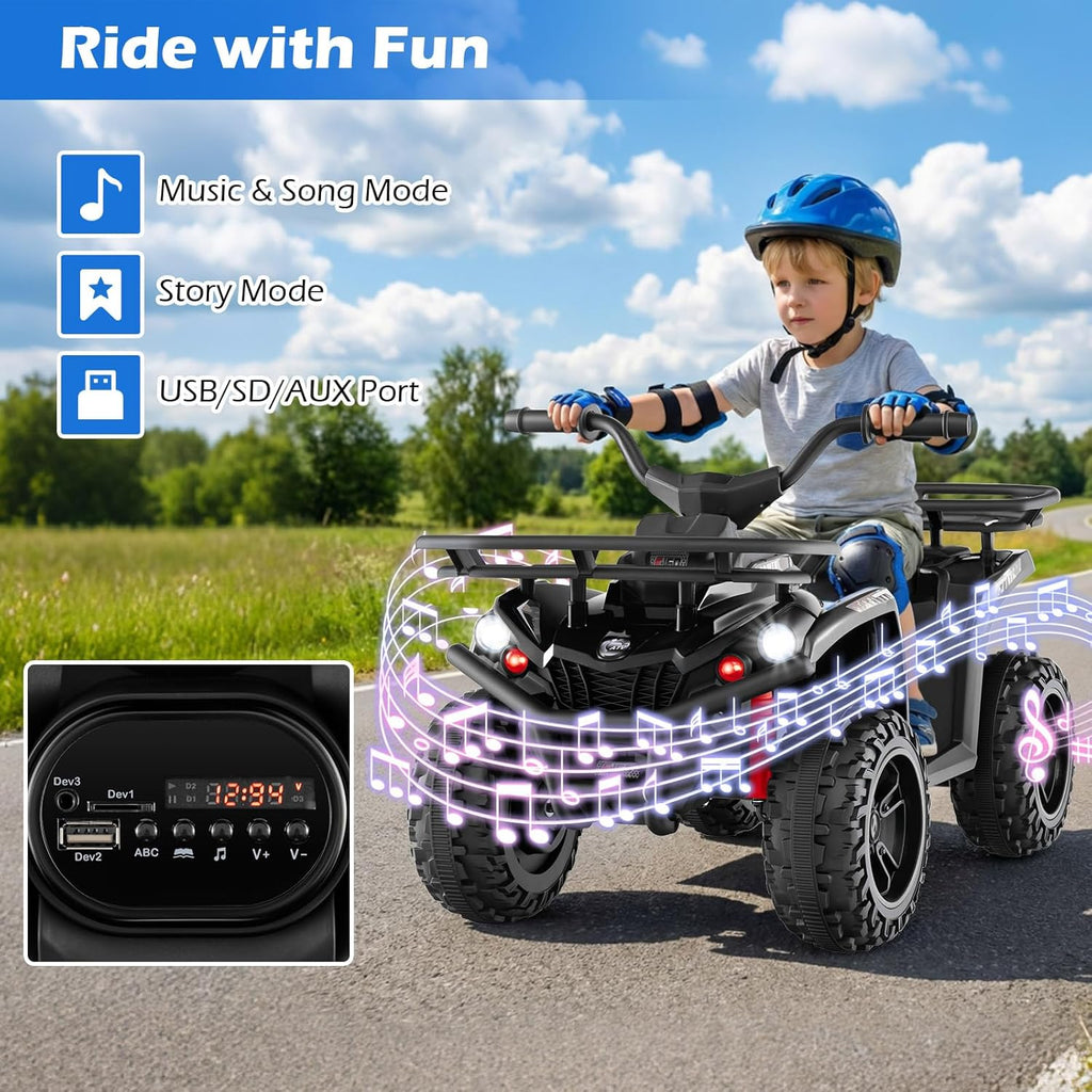 OLAKIDS 12V Kids ATV Quad with 2 Speeds, Spring Suspension, LED Lights, Music & Story Player, Big Tires, 2 Storage Spaces, Ride On Car for Boys Girls Ages 3+ (12V, Black)