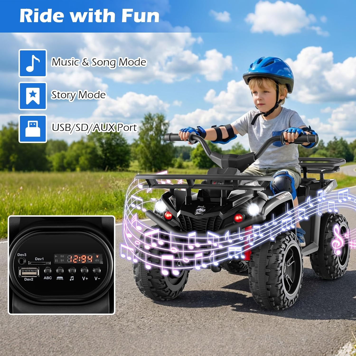OLAKIDS 12V Kids ATV Quad with 2 Speeds, Spring Suspension, LED Lights, Music & Story Player, Big Tires, 2 Storage Spaces, Ride On Car for Boys Girls Ages 3+ (12V, Black)