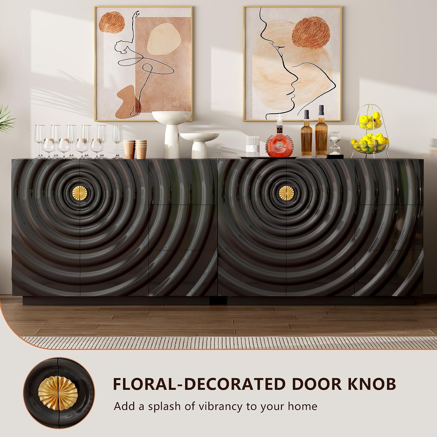 LVSOMT 47.2' Sideboard Buffet Cabinet, Modern Buff Storage Cabinet with Drawers, Adjustable Shelf, Spiral Pattern Accent Credenza, Coffee Bars for Kitchen Entryway (High Gloss Black)