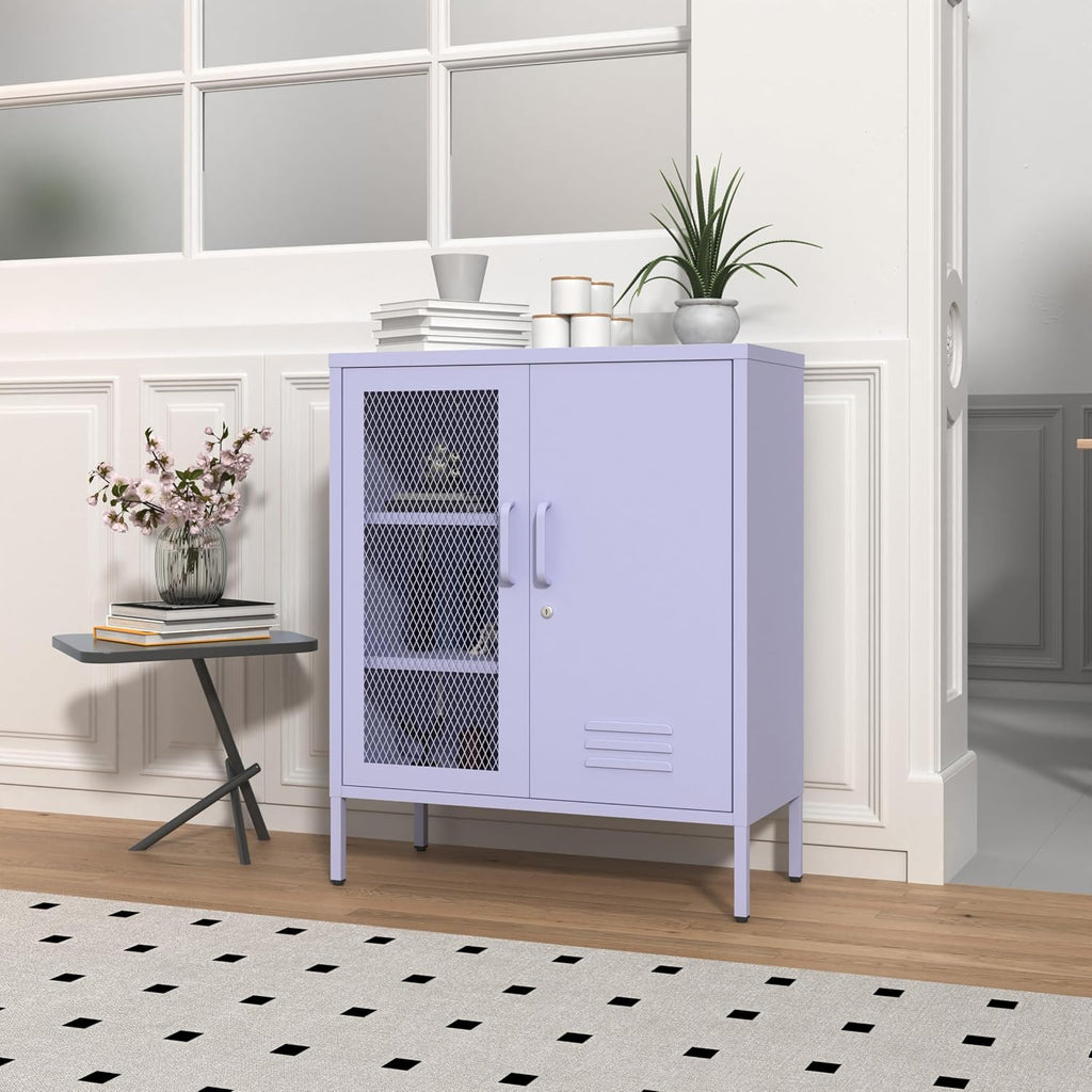Purple Metal Storage Cabinet with Lock 3-Tier Freestanding Locker Organizer with Mesh Ventilated Door Multipurpose Accent Cabinet Locker Adjustable legs For Hallway, Living Room, Entryway, Home Office