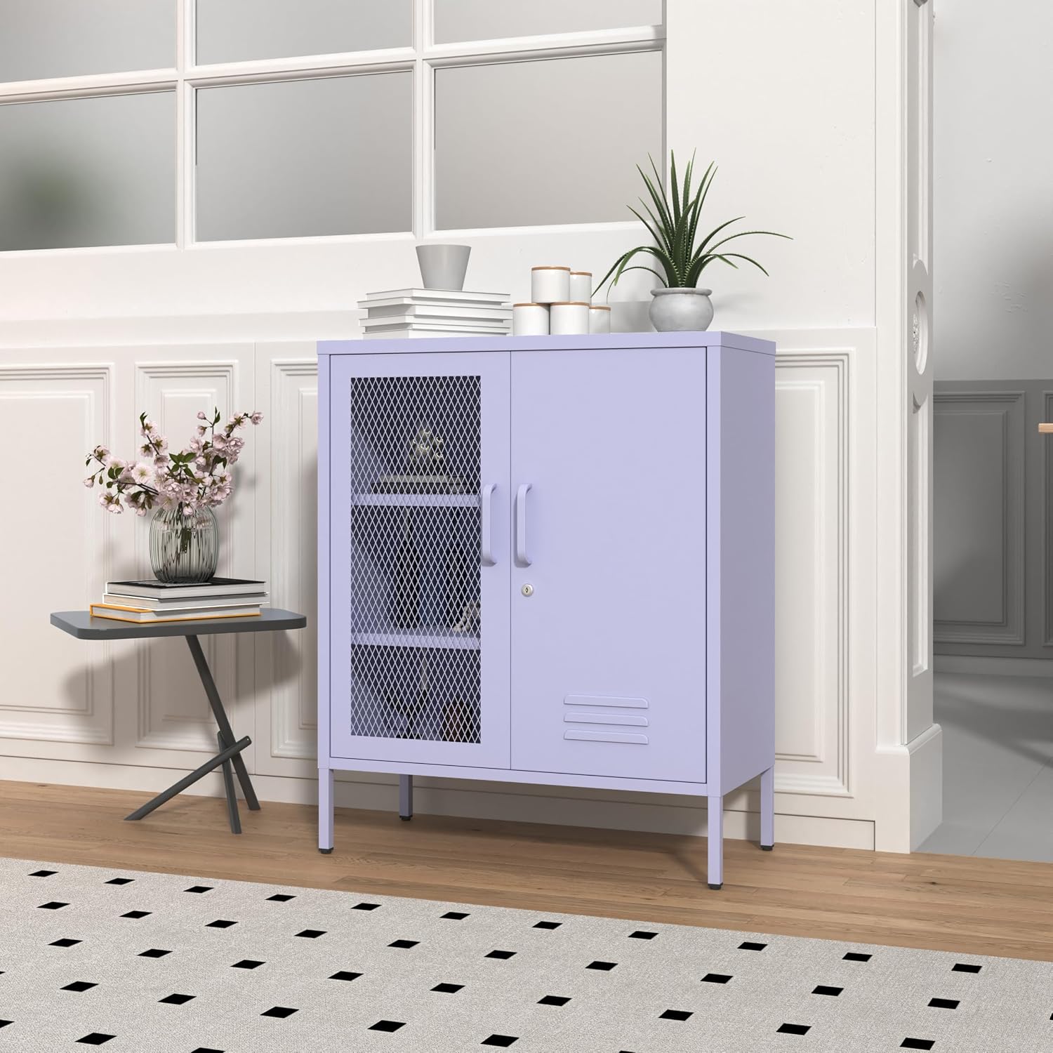 Purple Metal Storage Cabinet with Lock 3-Tier Freestanding Locker Organizer with Mesh Ventilated Door Multipurpose Accent Cabinet Locker Adjustable legs For Hallway, Living Room, Entryway, Home Office