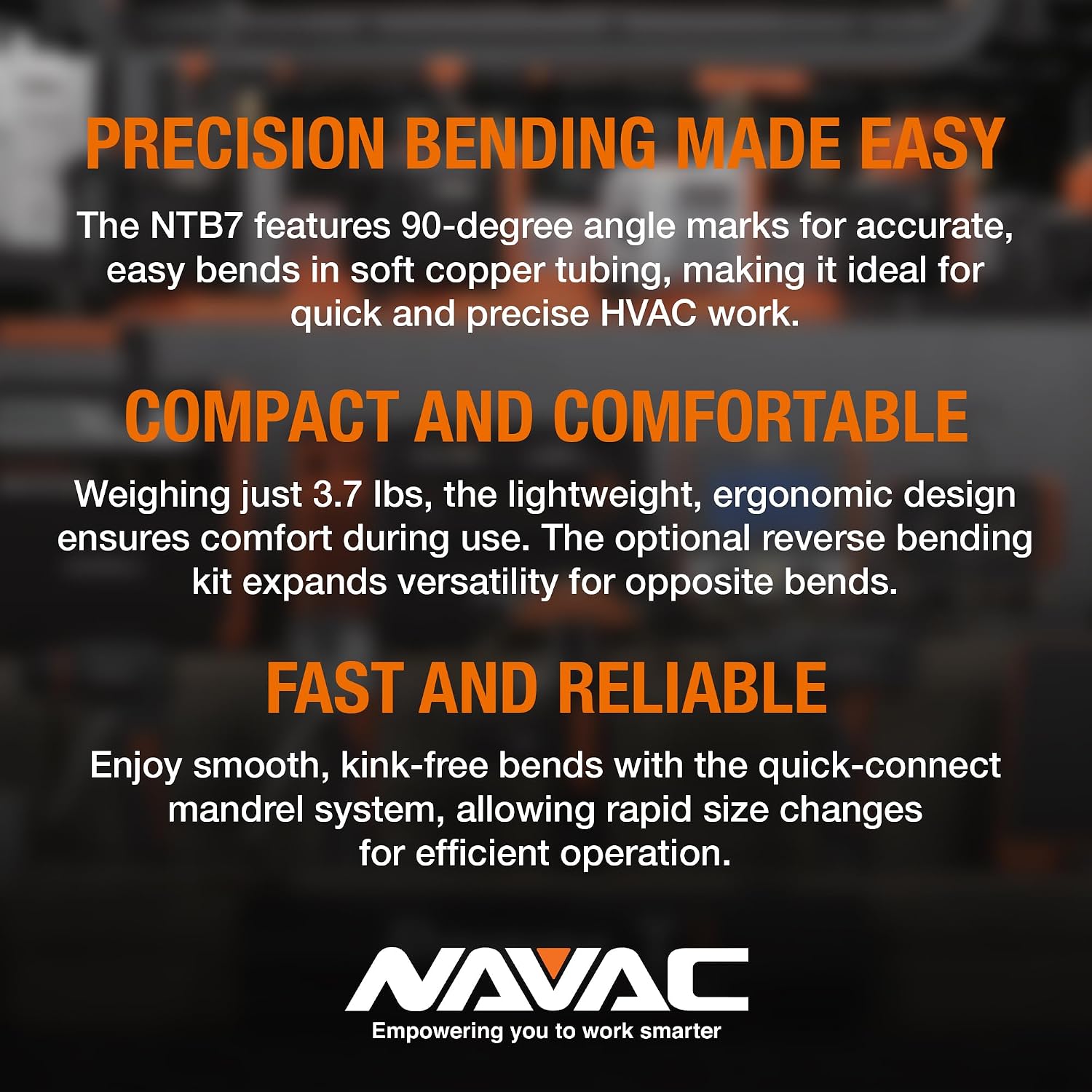 NAVAC NTB7L Power Tubing Bender for Soft Copper Tubing - Battery-Operated - One-Button Operation - Quick Connect Mandrel - Easy-Release Baffle - 7-in-1 Tubing Size Selector