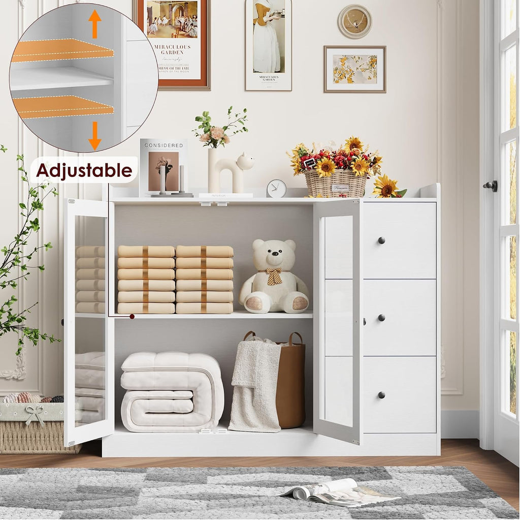 Takywep Kitchen Storage Cabinet, Wooden Coffee Bar with 3 Drawers & Double Doors, Sideboard Buffet Cabinet for Kitchen, Living Room, Entryway, Bathroom, White