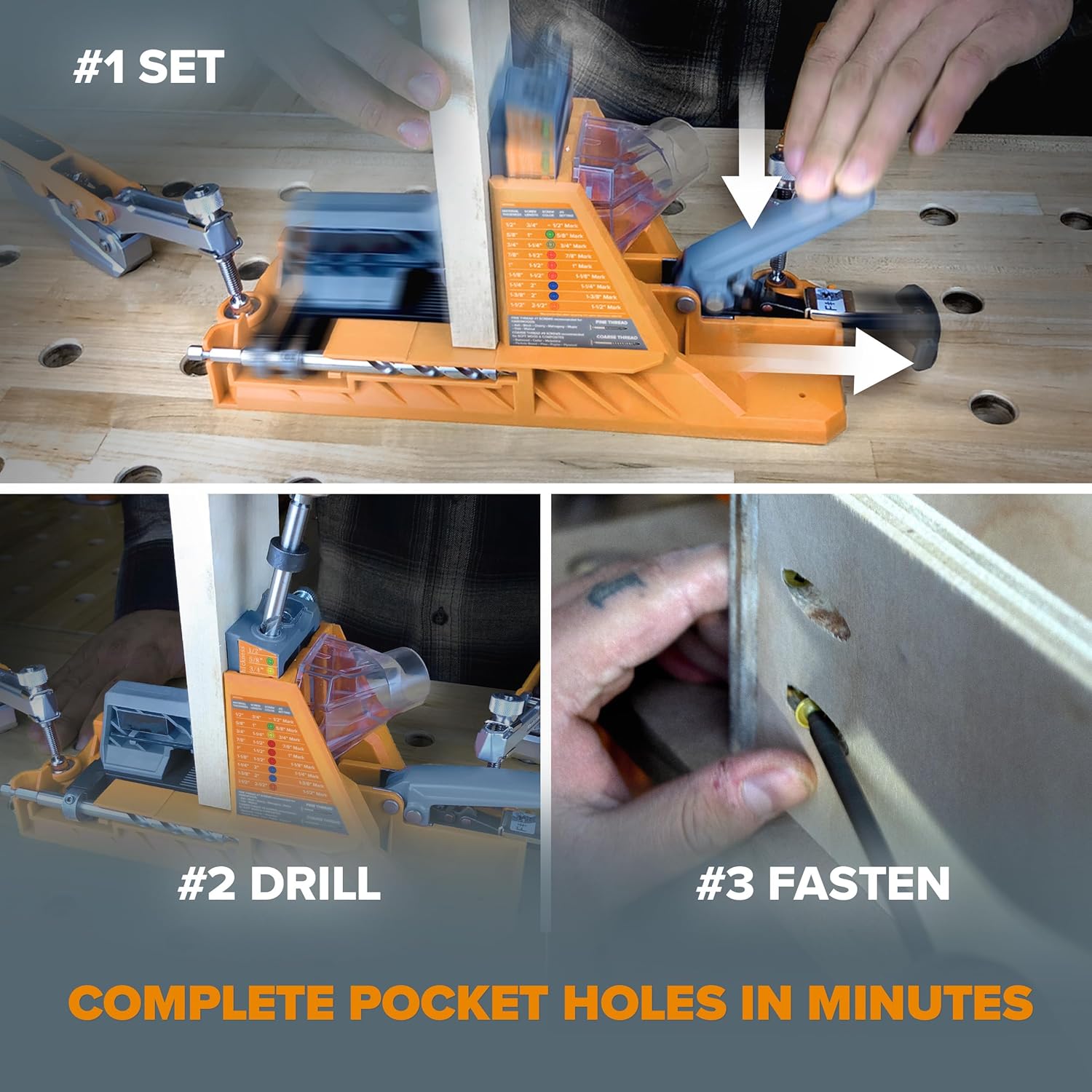BORA Automatic Pocket Hole Jig with 3' Face Clamp and 50 Screws, Auto Adjusting Drill Guide, Pocket Hole Jig Kit for Woodworking - For Materials 1/2 inch to 1 1/2 inch Thick, Power Tool Accessory Jigs