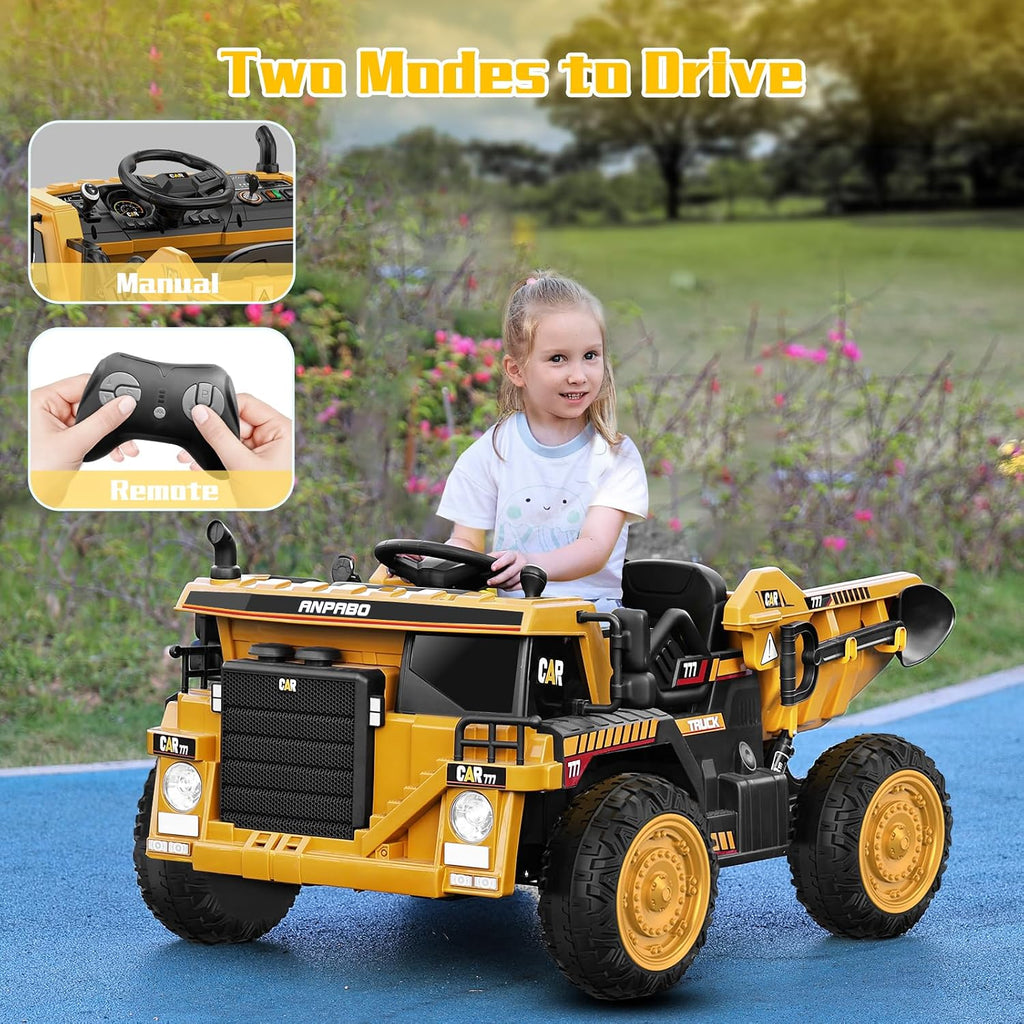 ANPABO Ride on Dump Truck, Ride on Car with Remote Control, Electric Dump Bed and Extra Shovel, Ride on Construction Vehicle with Music Player, Key Start for Safety, Ideal Gift for Kids
