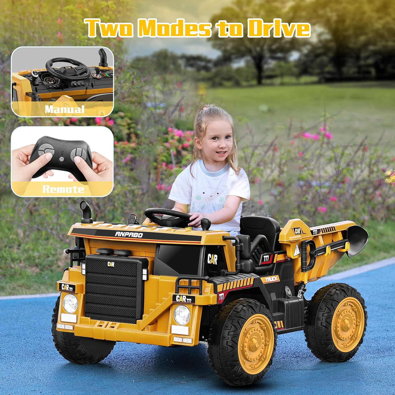 ANPABO Ride on Dump Truck, Ride on Car with Remote Control, Electric Dump Bed and Extra Shovel, Ride on Construction Vehicle with Music Player, Key Start for Safety, Ideal Gift for Kids